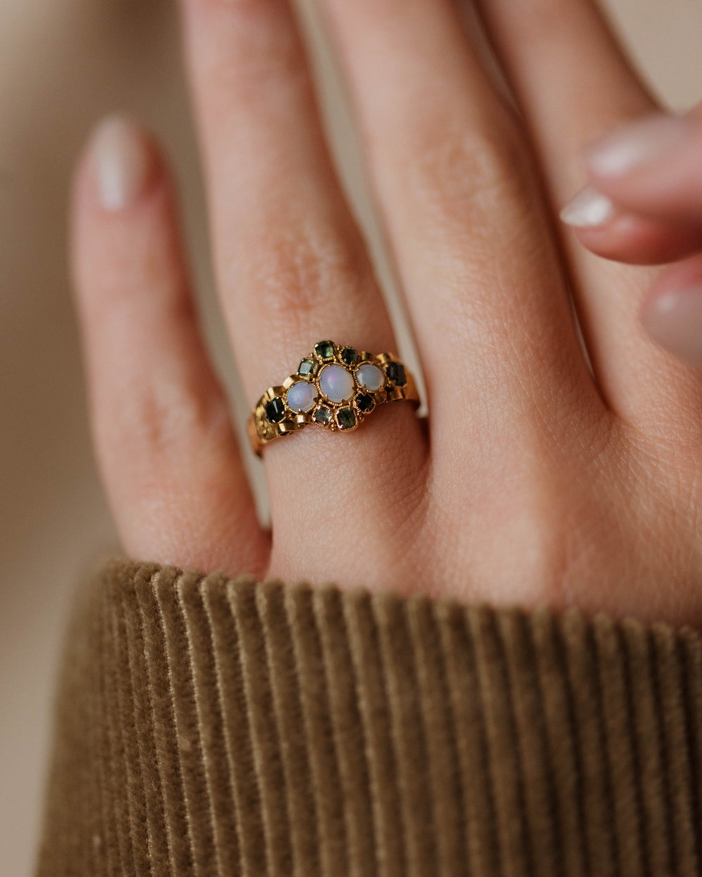Muriel 1867 Antique Victorian 15ct Gold Opal & Emerald Cluster Ring