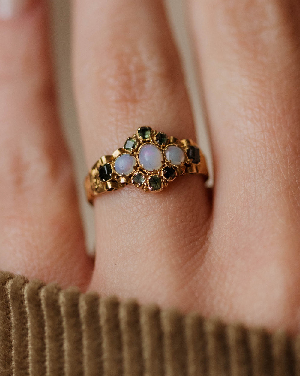 Muriel 1867 Antique Victorian 15ct Gold Opal & Emerald Cluster Ring