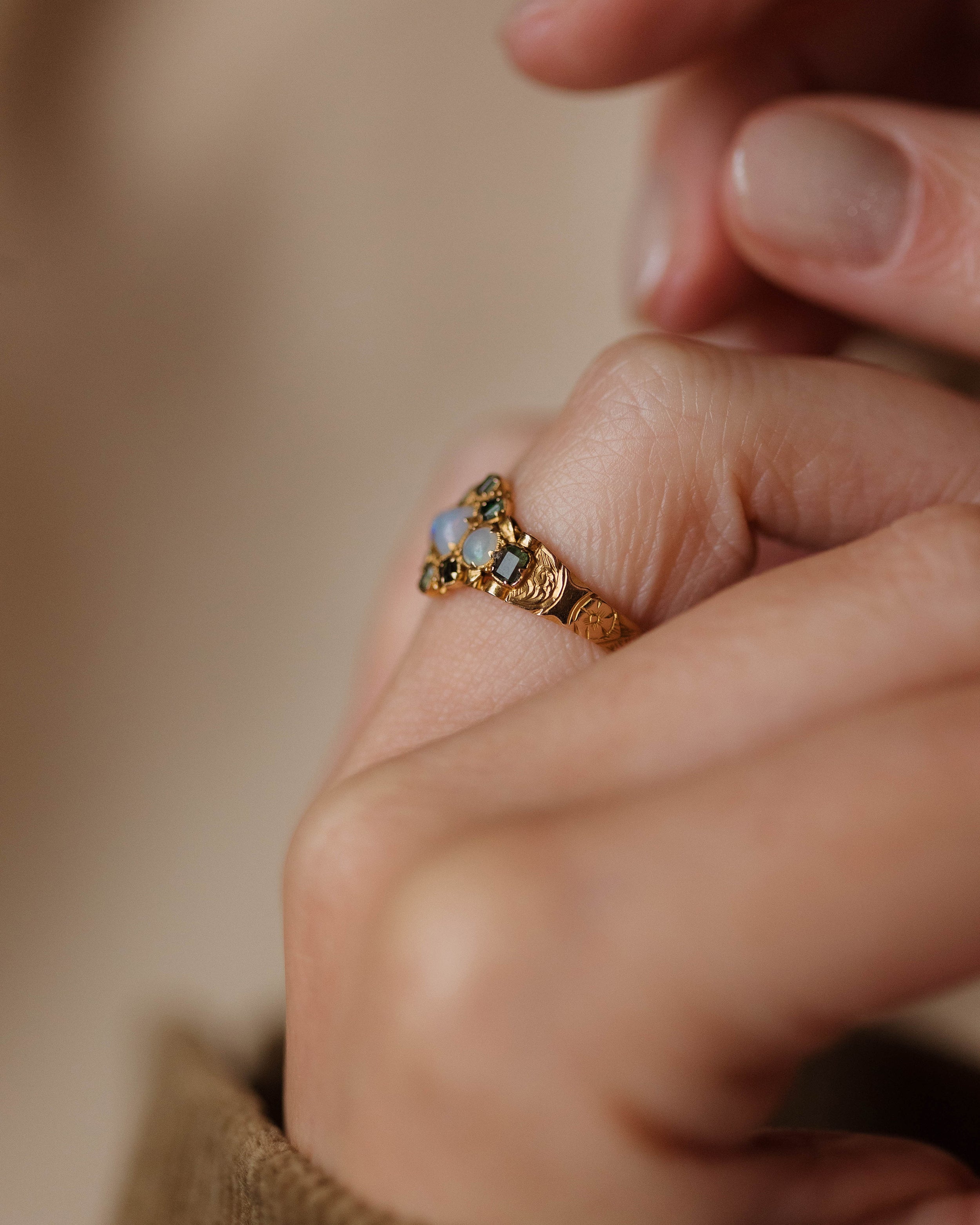 Muriel 1867 Antique Victorian 15ct Gold Opal & Emerald Cluster Ring