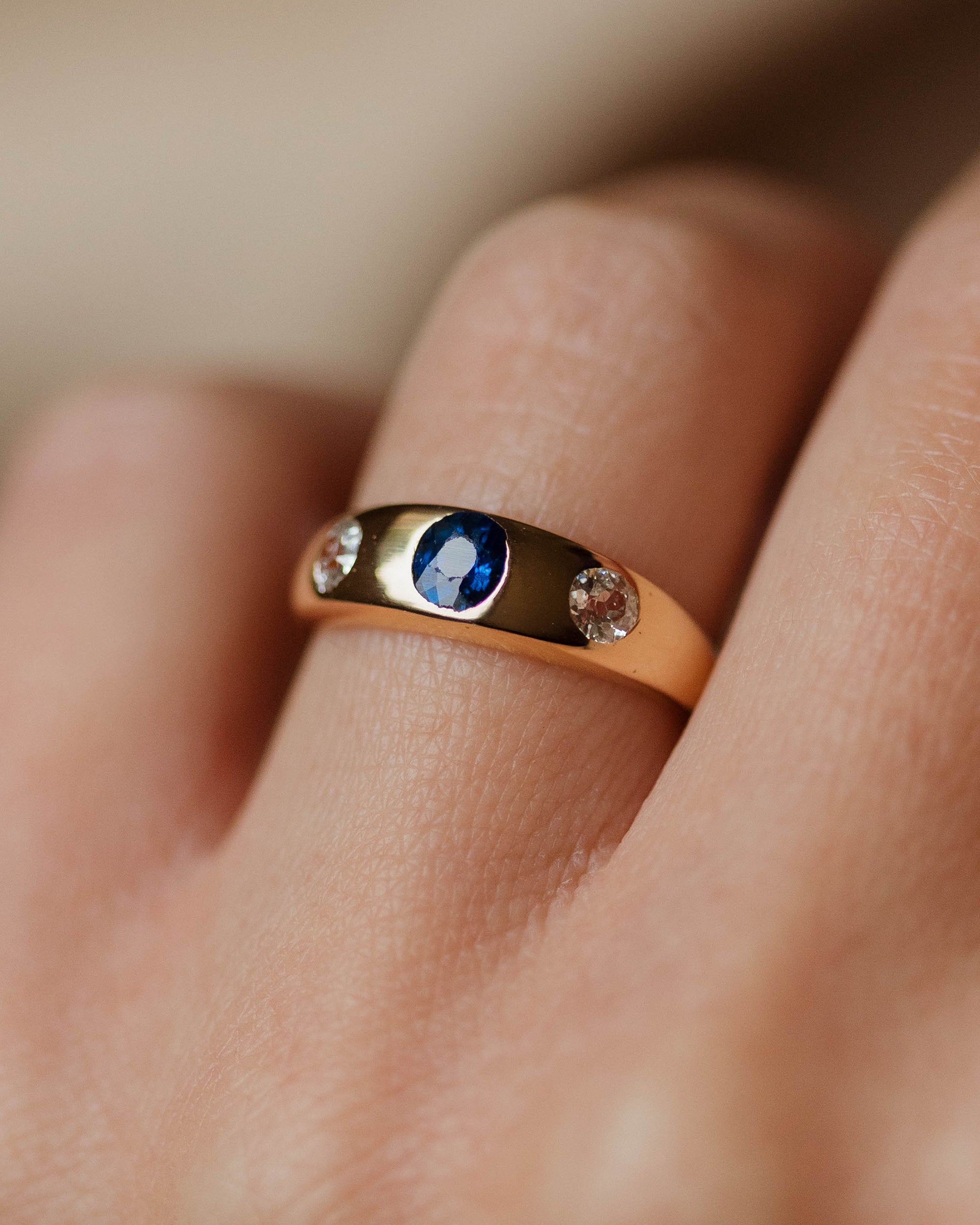 Hermine Antique 18ct Gold Sapphire & Diamond Trilogy Rubover Ring