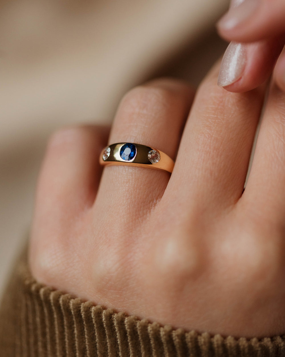 Hermine Antique 18ct Gold Sapphire & Diamond Trilogy Rubover Ring