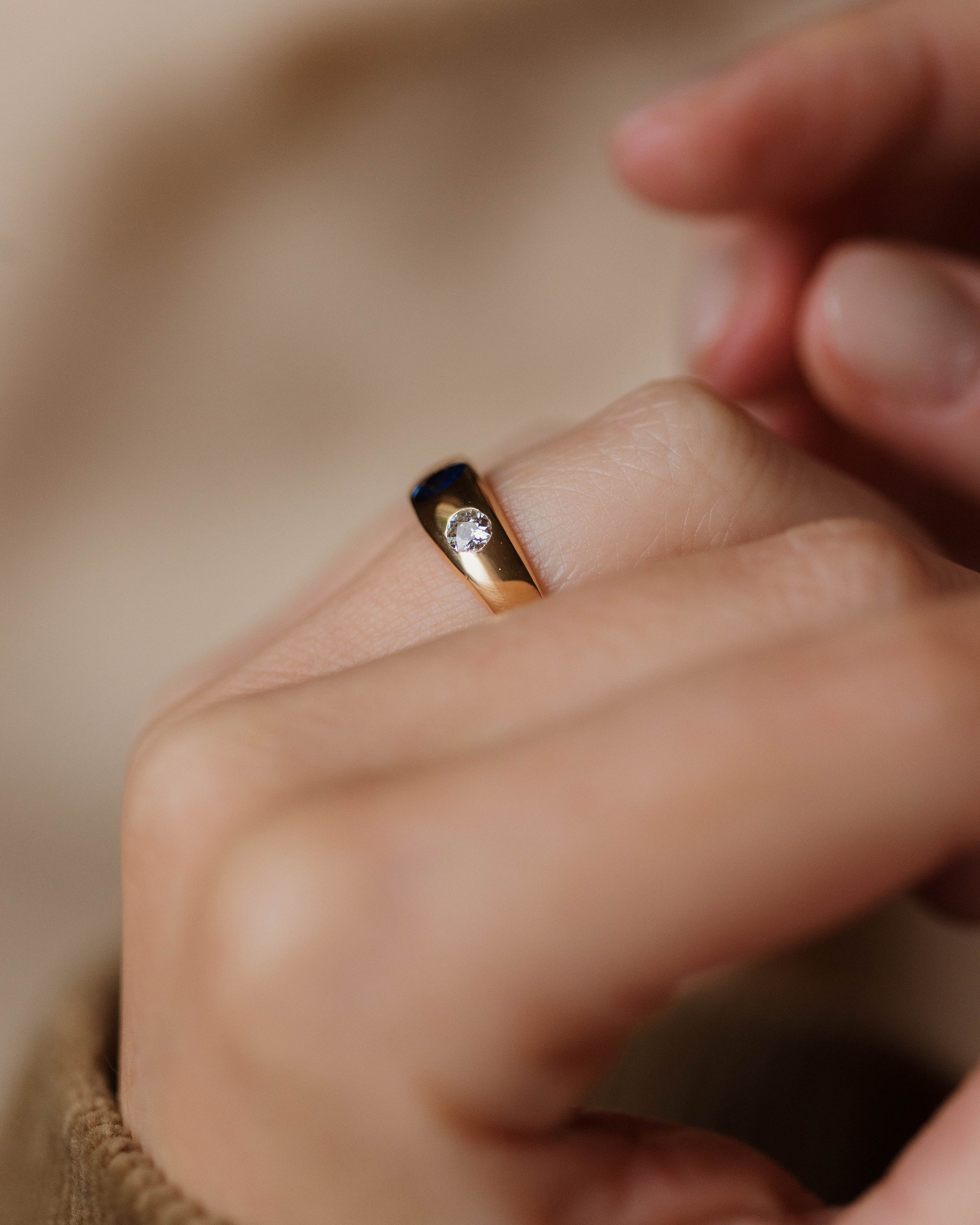 Hermine Antique 18ct Gold Sapphire & Diamond Trilogy Rubover Ring