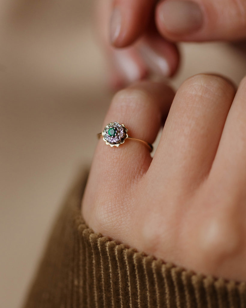 Martha 1980 Vintage 9ct Gold Emerald & Diamond Cluster Ring
