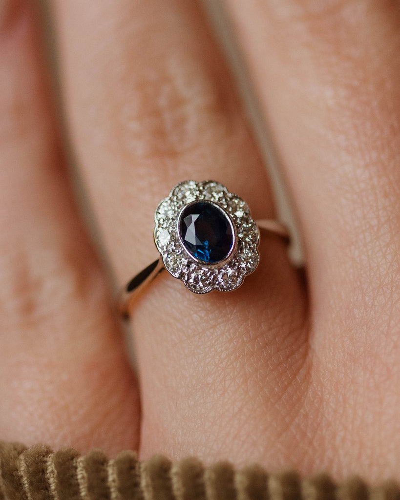 Temperance Antique Art Deco 18ct Gold Sapphire & Diamond Cluster Ring