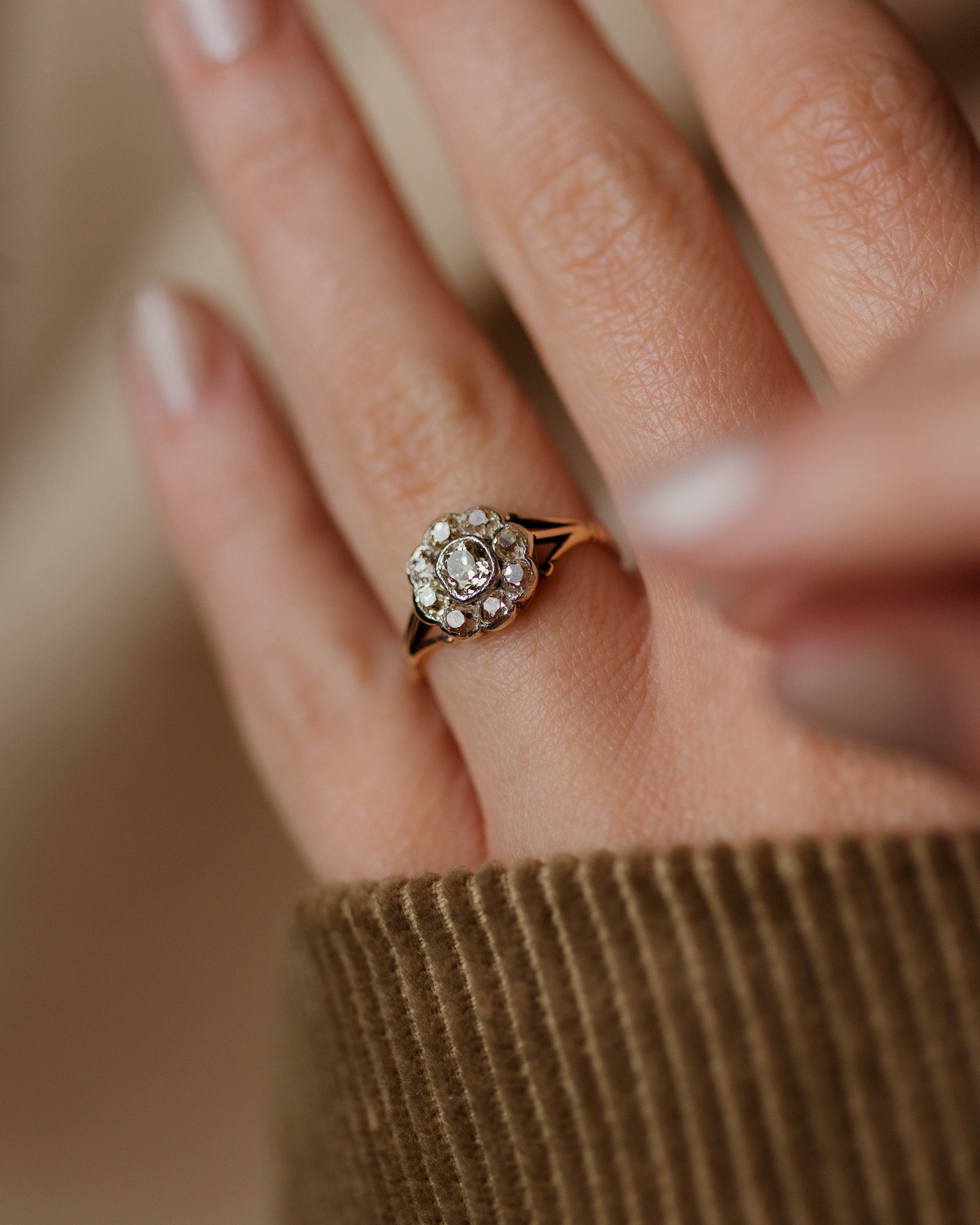 Image of Sybil Antique Edwardian 9ct Gold Diamond Daisy Cluster Ring