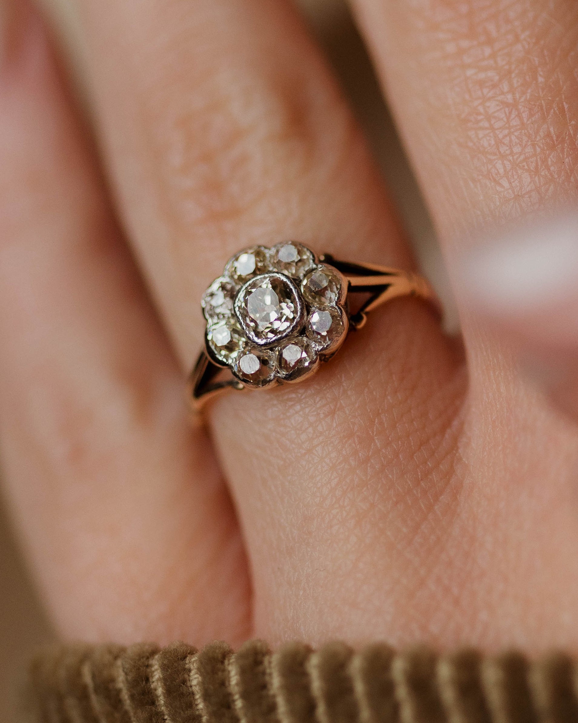 Sybil Antique Edwardian 9ct Gold Diamond Daisy Cluster Ring