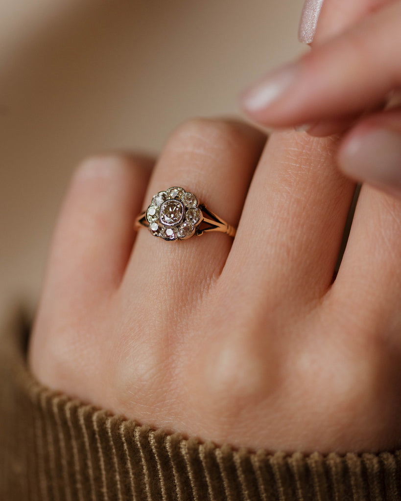 Sybil Antique Edwardian 9ct Gold Diamond Daisy Cluster Ring