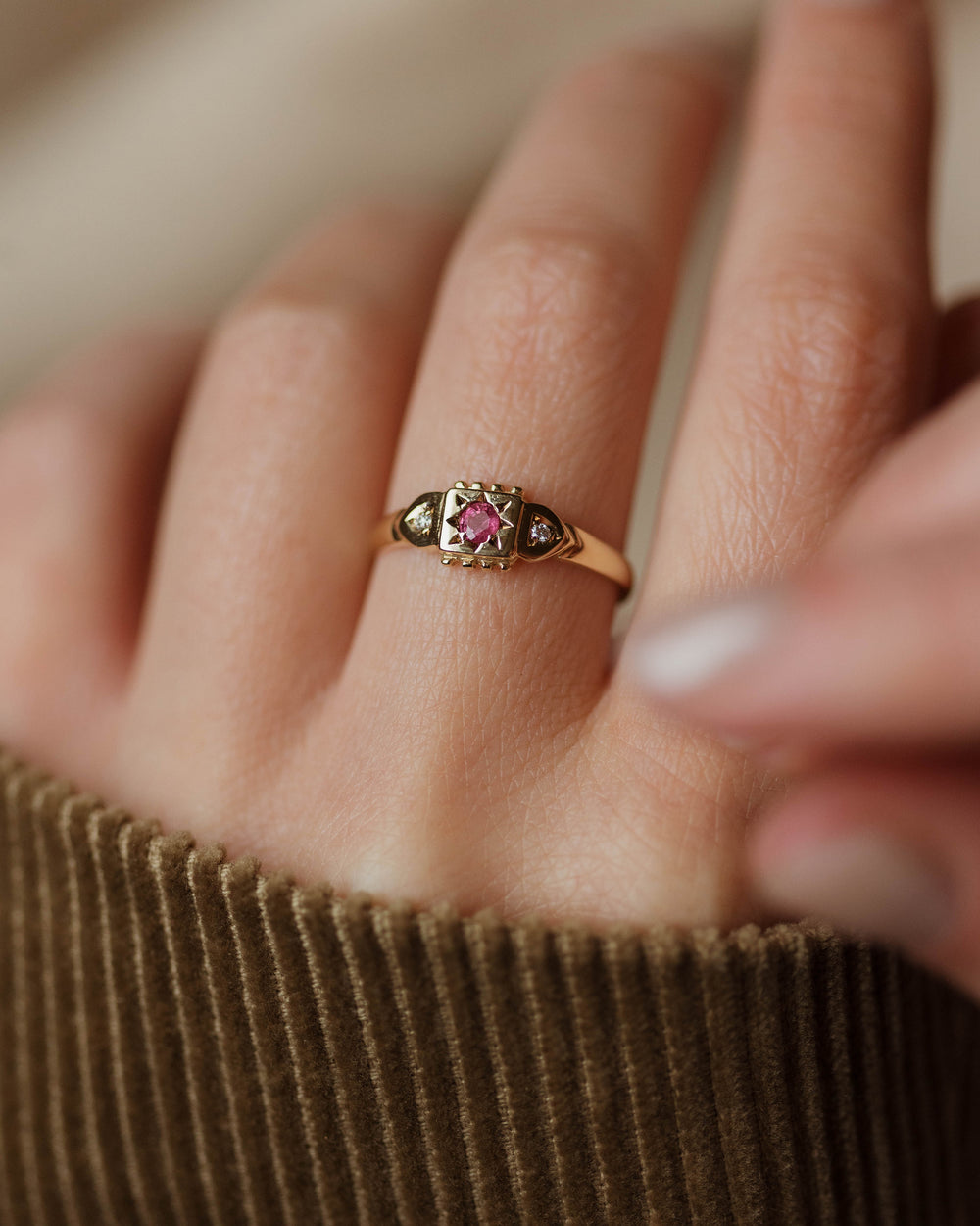 Penelope 1991 Vintage 9ct Gold Ruby & Diamond Trilogy Ring