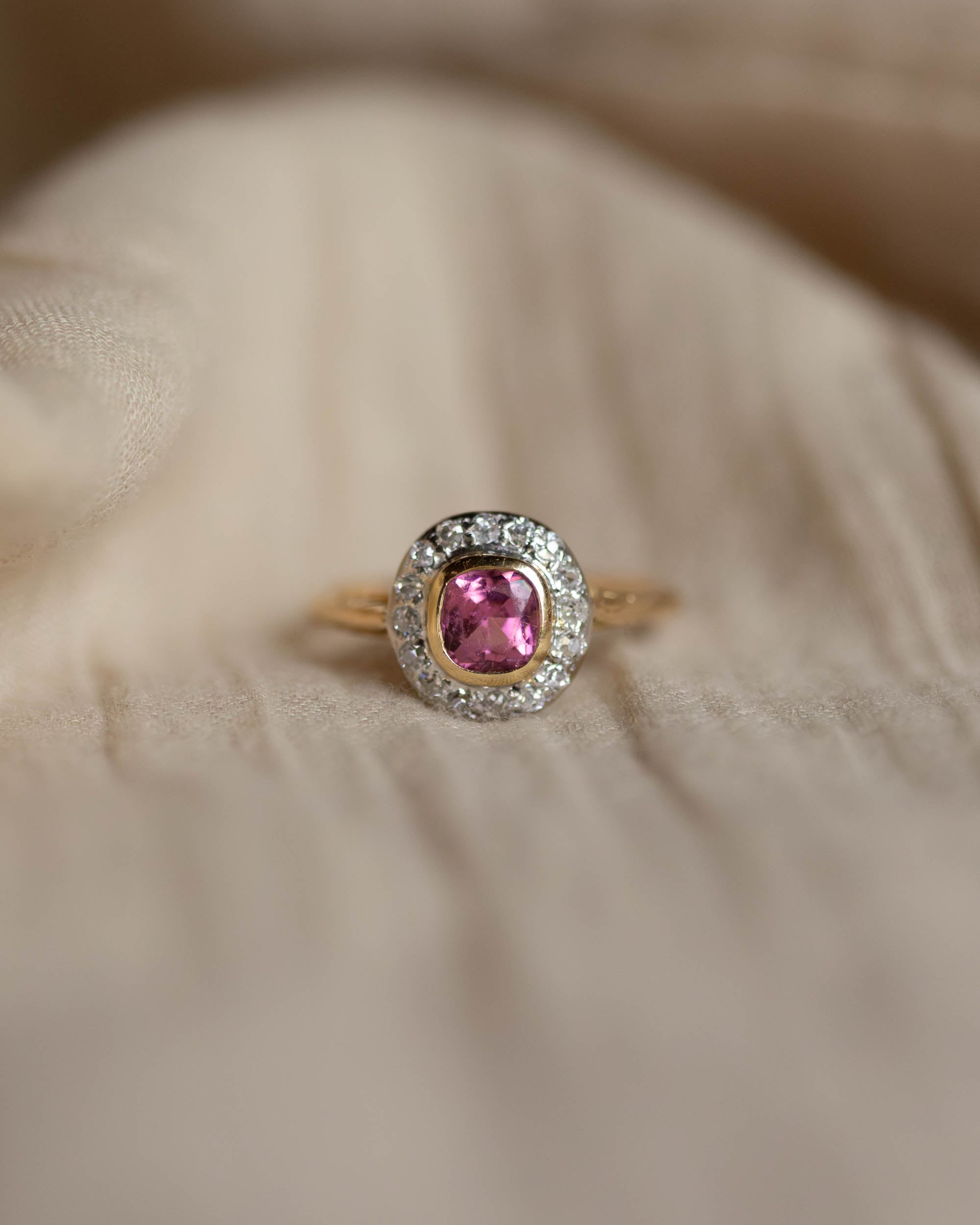Almina Antique 18ct Gold Pink Tourmaline & Diamond Cluster Ring