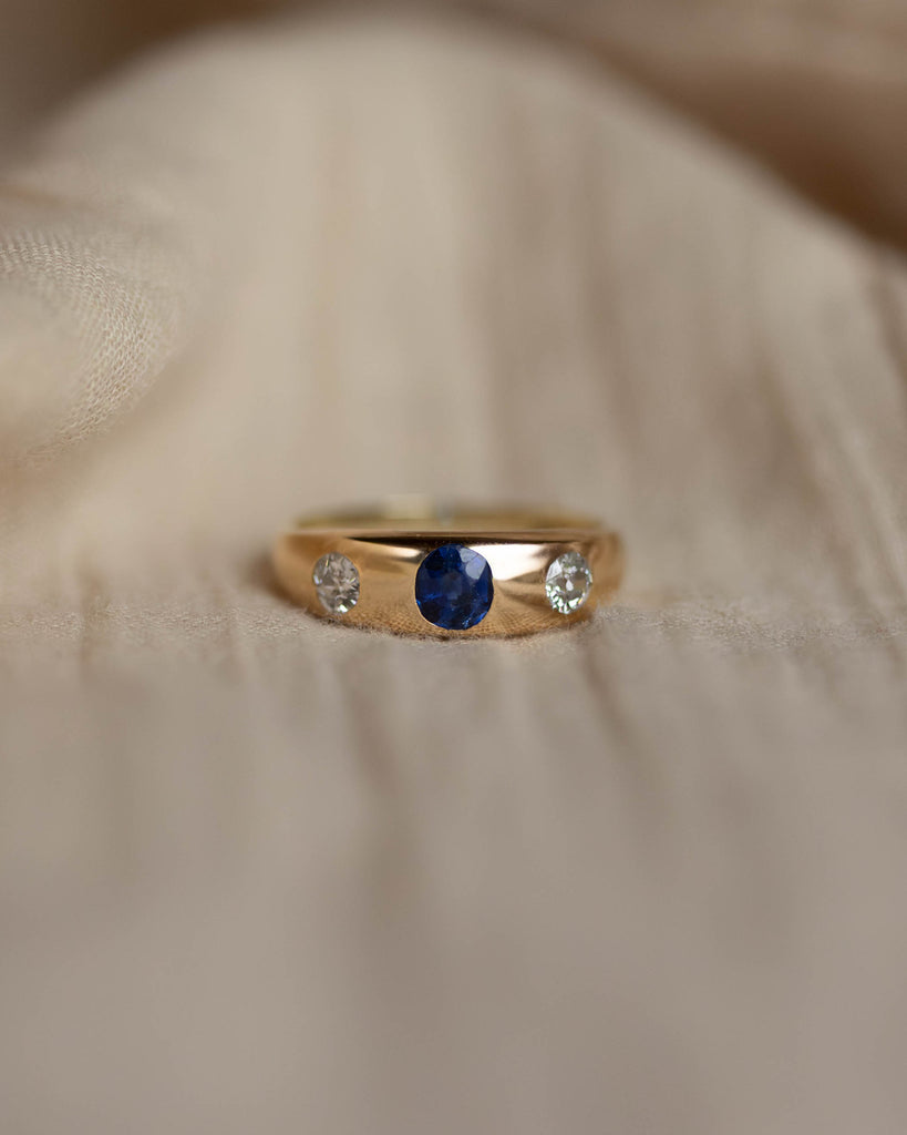 Hermine Antique 18ct Gold Sapphire & Diamond Trilogy Rubover Ring