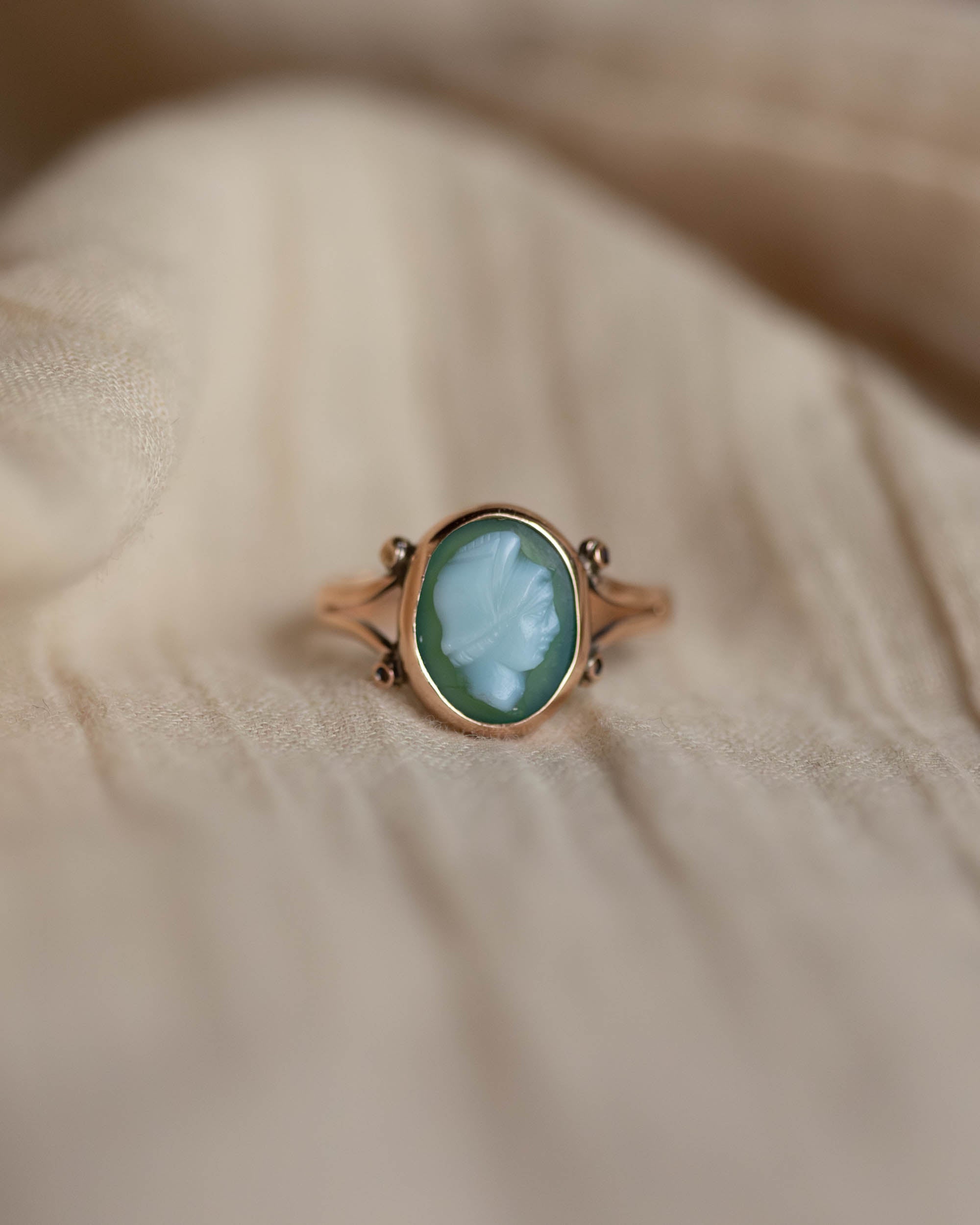 Gladys Antique 9ct Gold Chrysoprase Cameo Ring