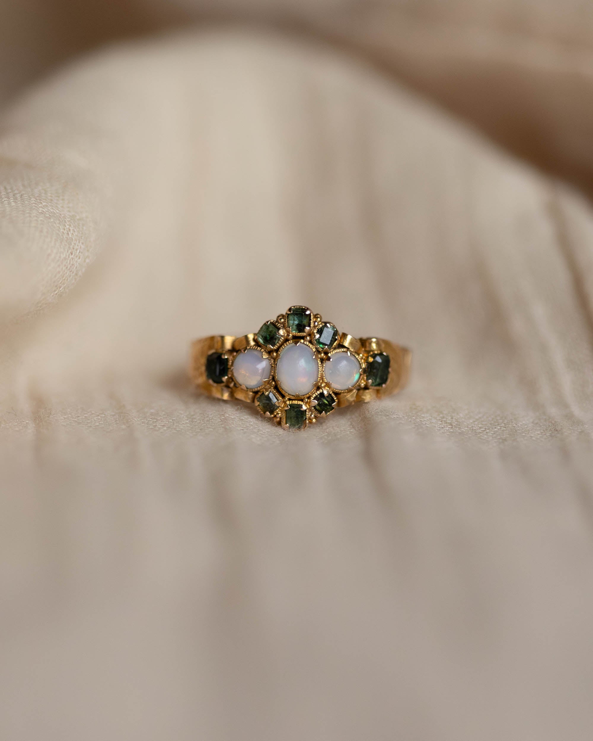 Muriel 1867 Antique Victorian 15ct Gold Opal & Emerald Cluster Ring