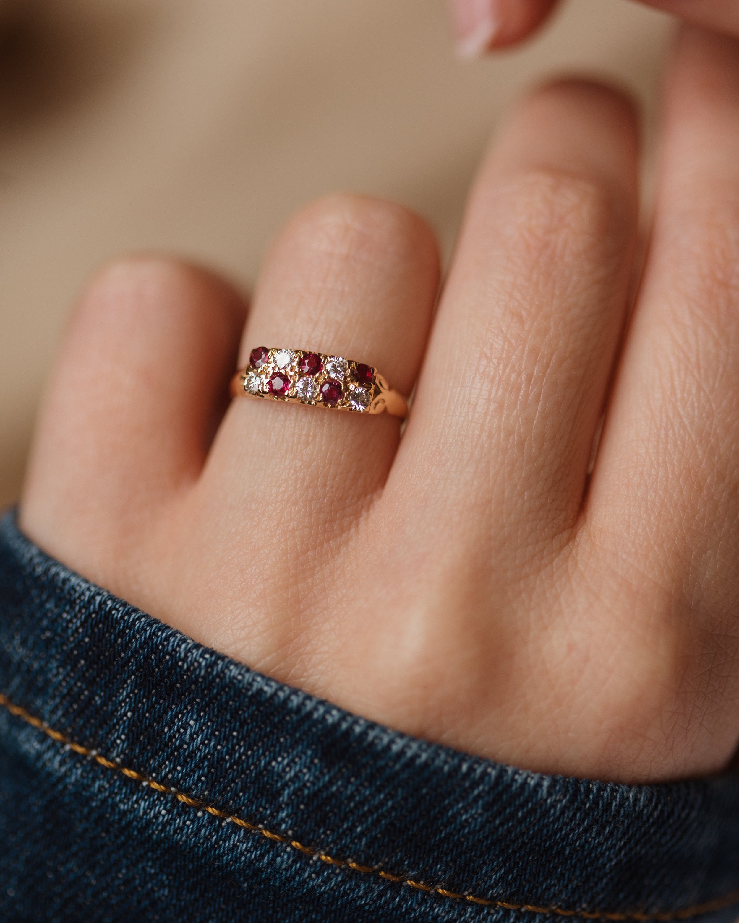 Alise Vintage 18ct Gold Ruby & Diamond Ten Stone Ring