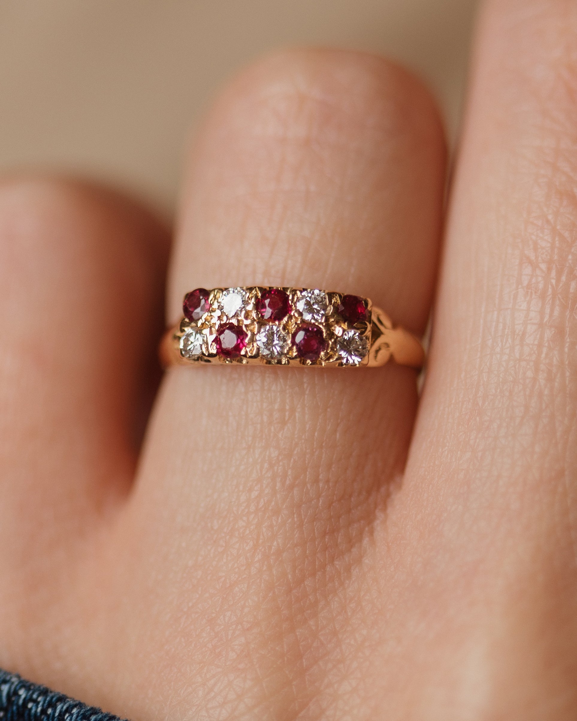 Alise Vintage 18ct Gold Ruby & Diamond Ten Stone Ring