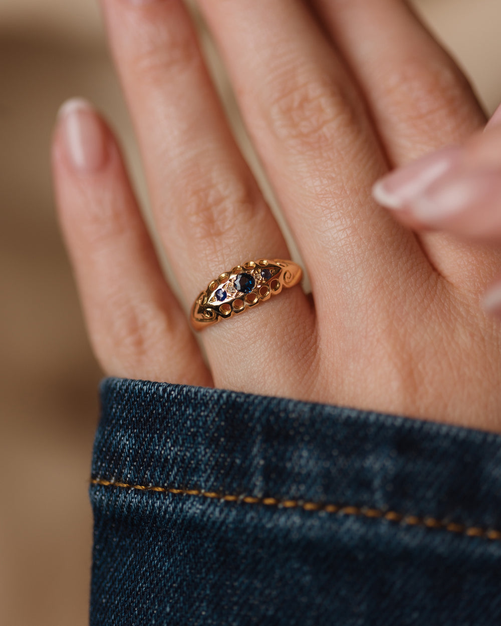 Yvette 1919 Antique 18ct Gold Sapphire & Diamond Five Stone Ring