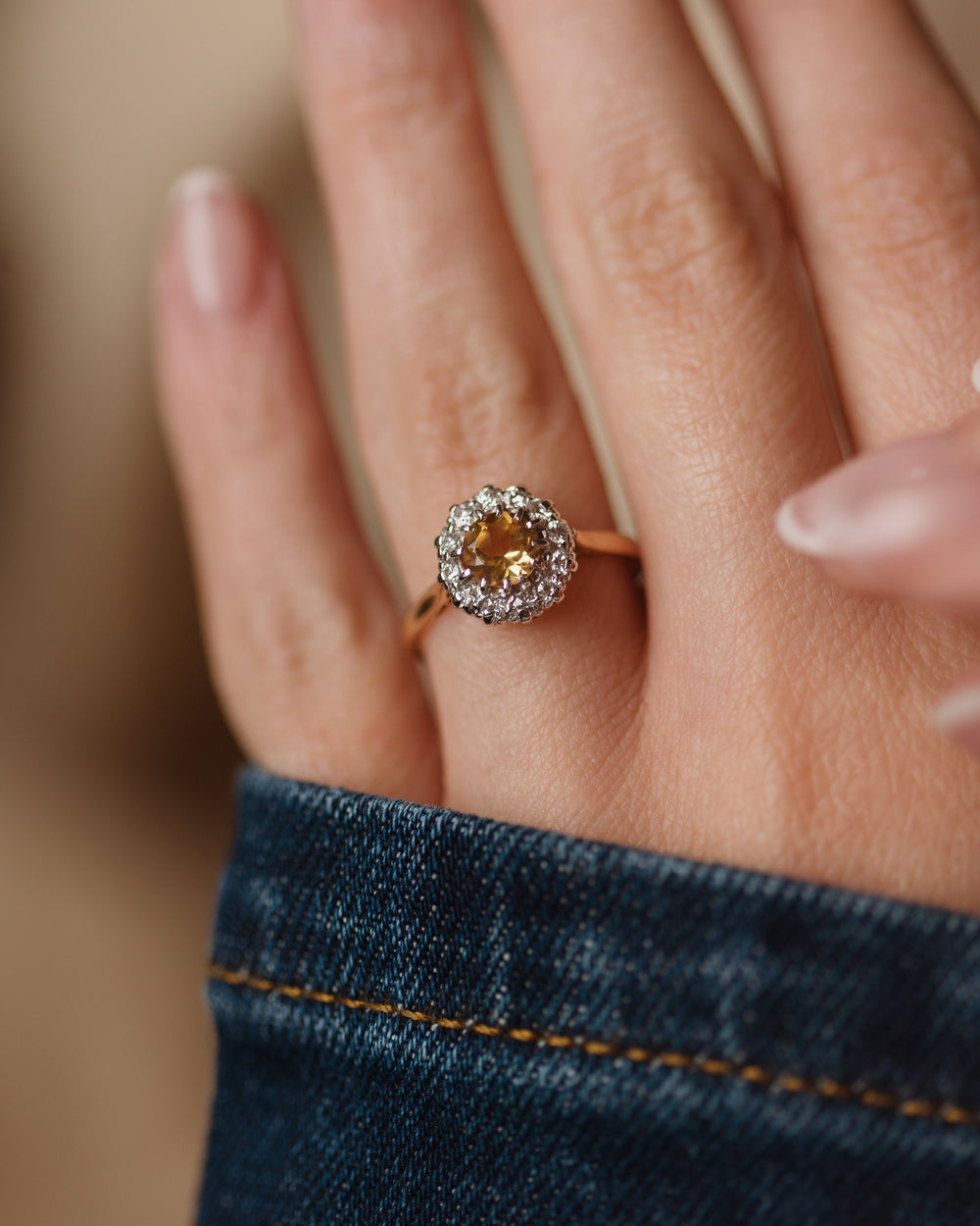 Lydia Vintage 18ct Gold Citrine & Diamond Cluster Ring