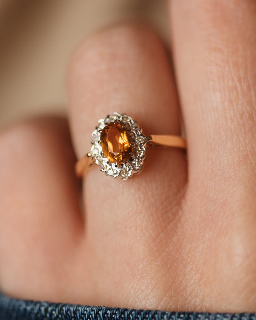 Emelia 1964 Vintage 18ct Gold Citrine & Diamond Cluster Ring