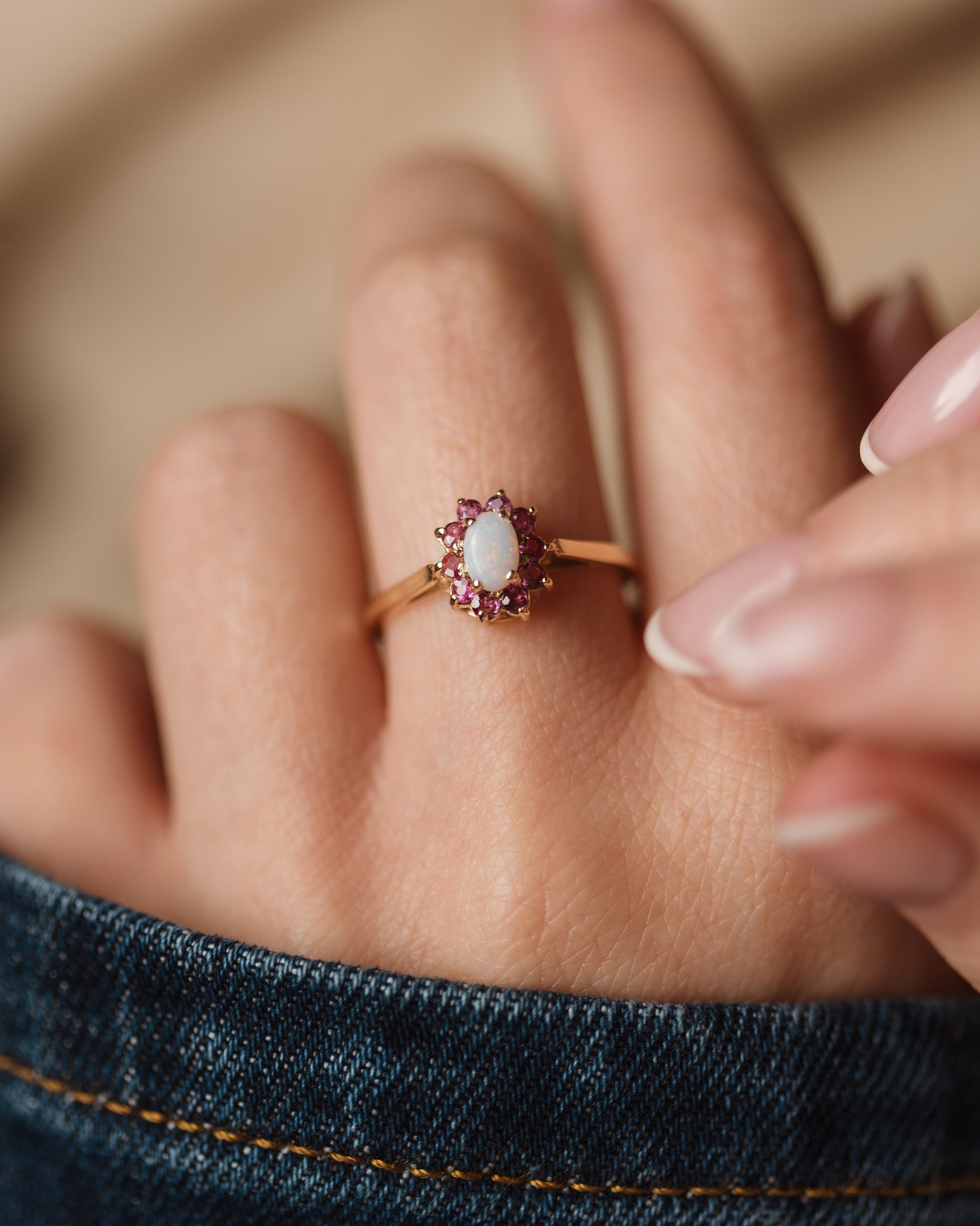 Image of Gilda 1973 Vintage 9ct Gold Opal & Pink Topaz Cluster Ring