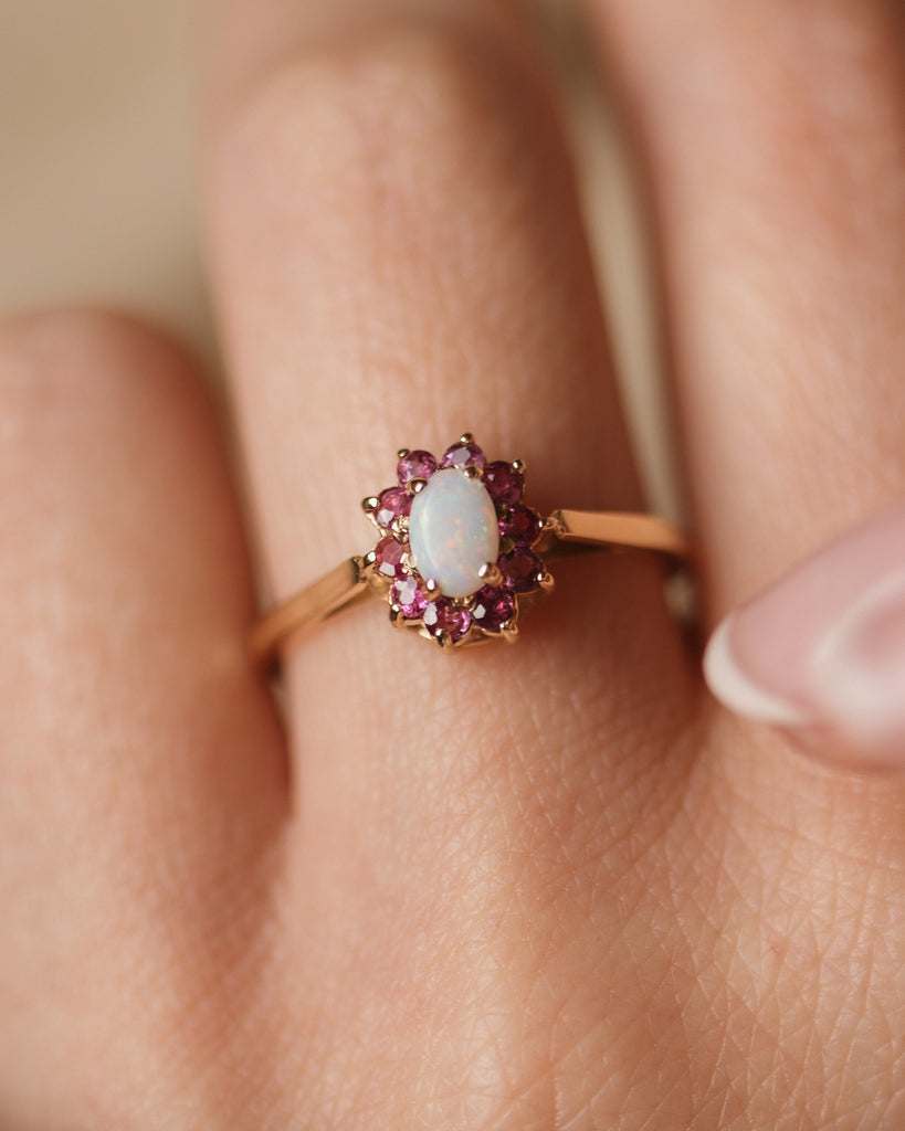 Gilda 1973 Vintage 9ct Gold Opal & Pink Topaz Cluster Ring