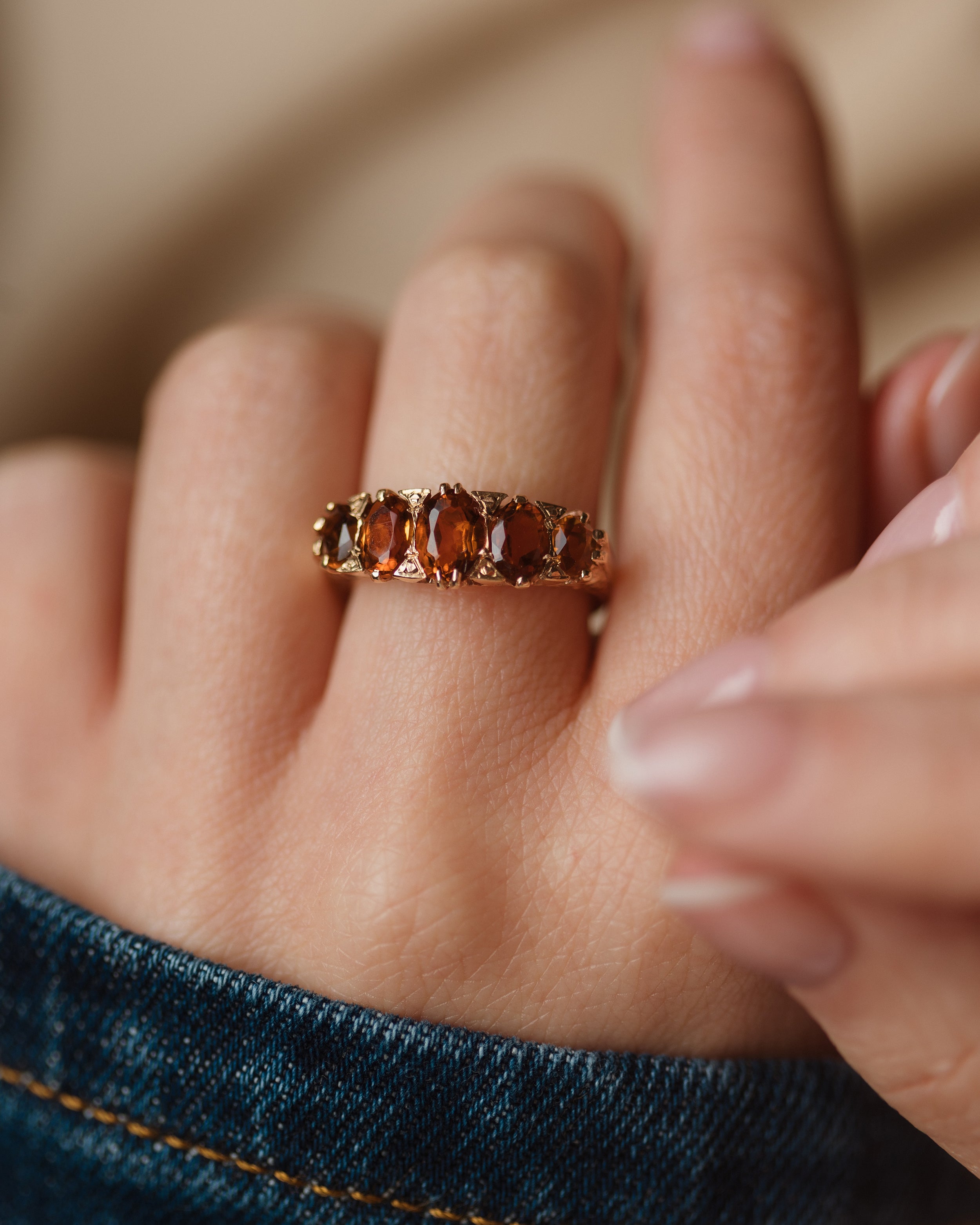 Josette 1972 Vintage 9ct Gold Citrine Five Stone Ring