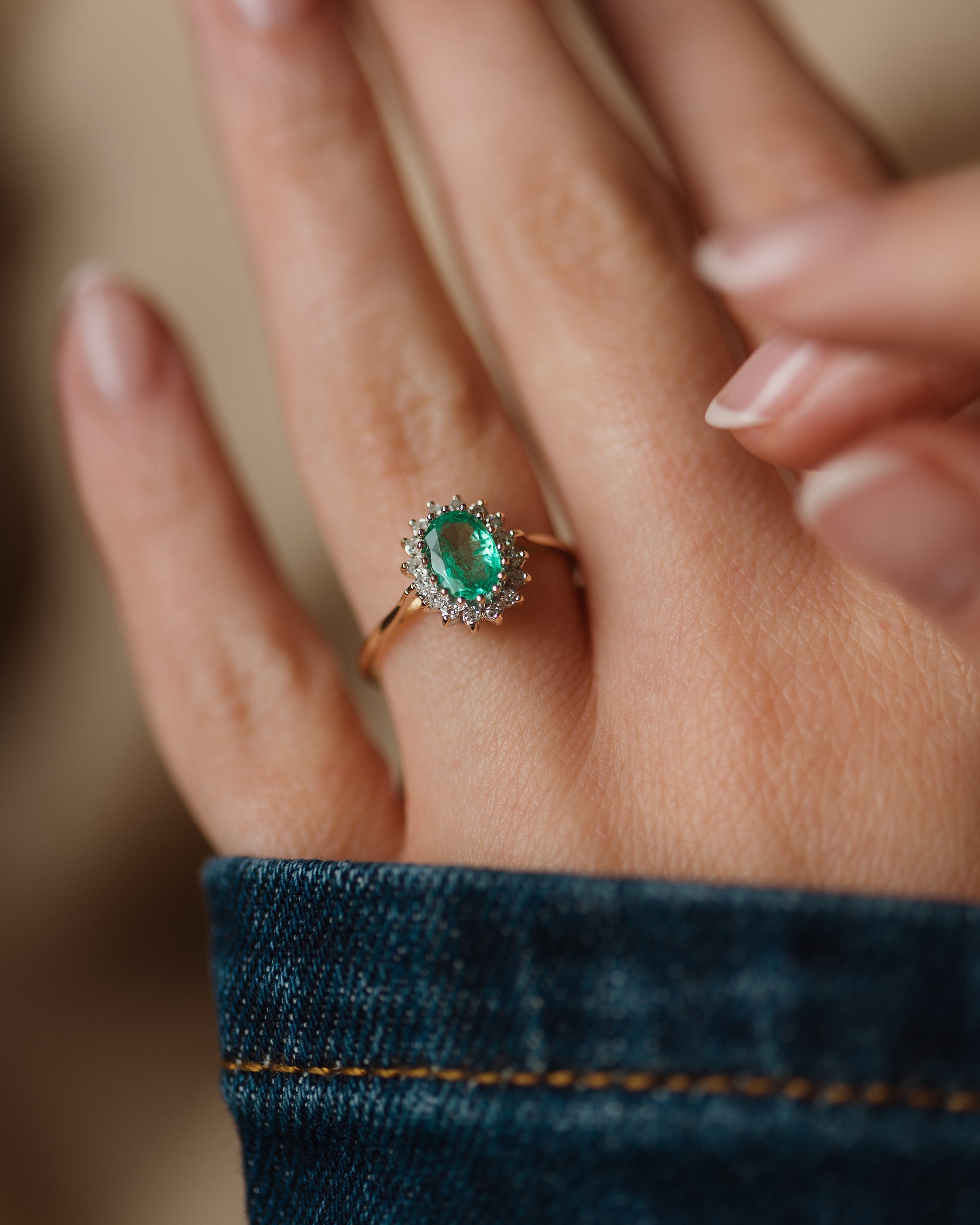 Image of Mathilde Vintage 9ct Gold Emerald & Diamond Cluster Ring
