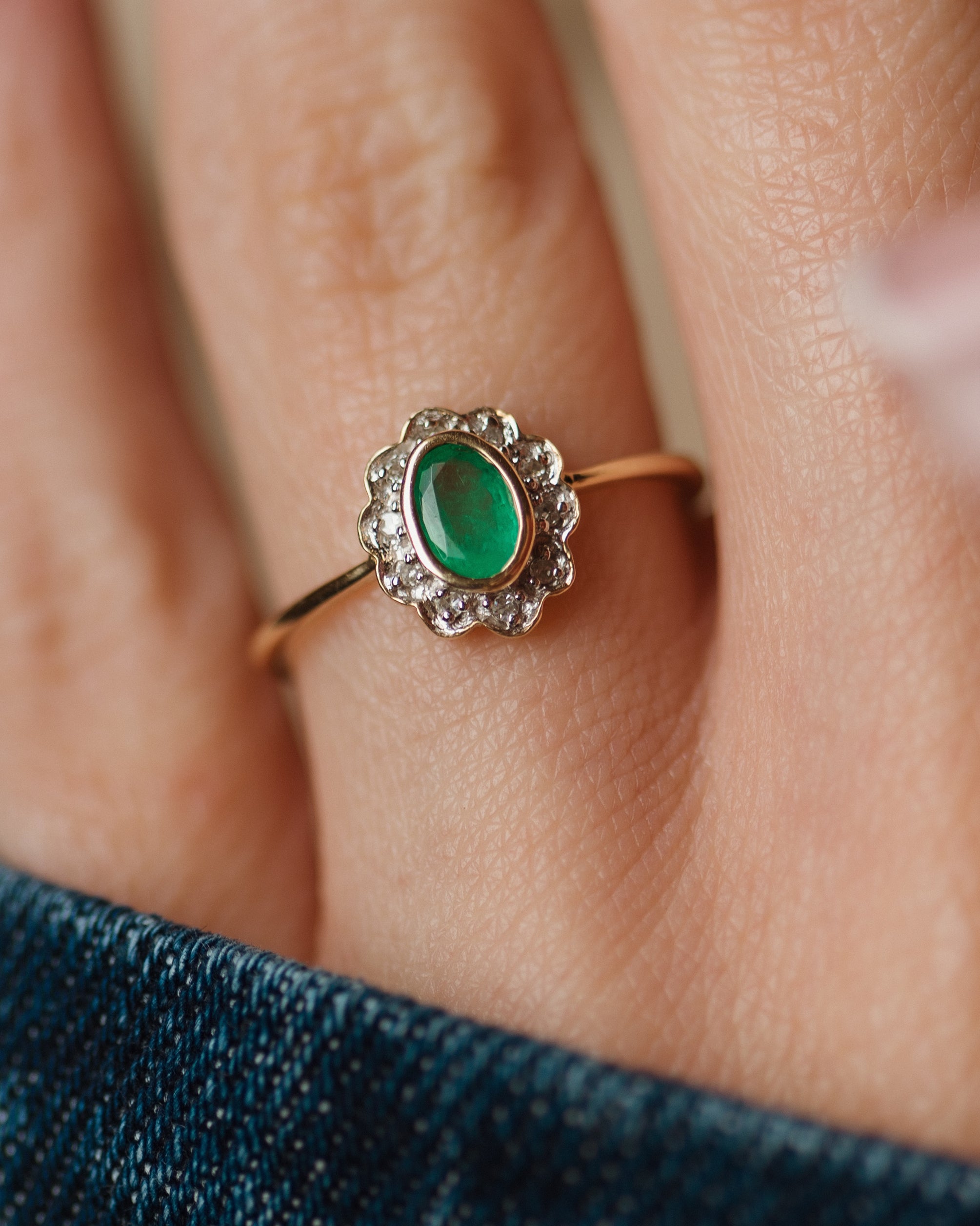 Doris Vintage 9ct Gold Emerald & Diamond Cluster Ring