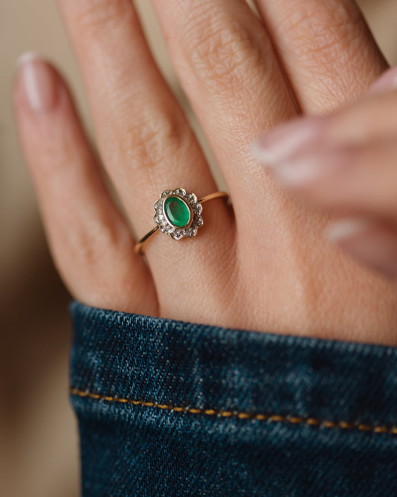 Doris Vintage 9ct Gold Emerald & Diamond Cluster Ring