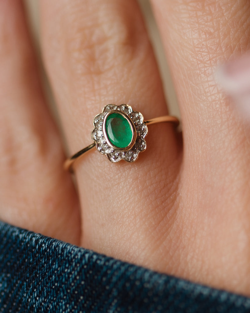 Doris Vintage 9ct Gold Emerald & Diamond Cluster Ring