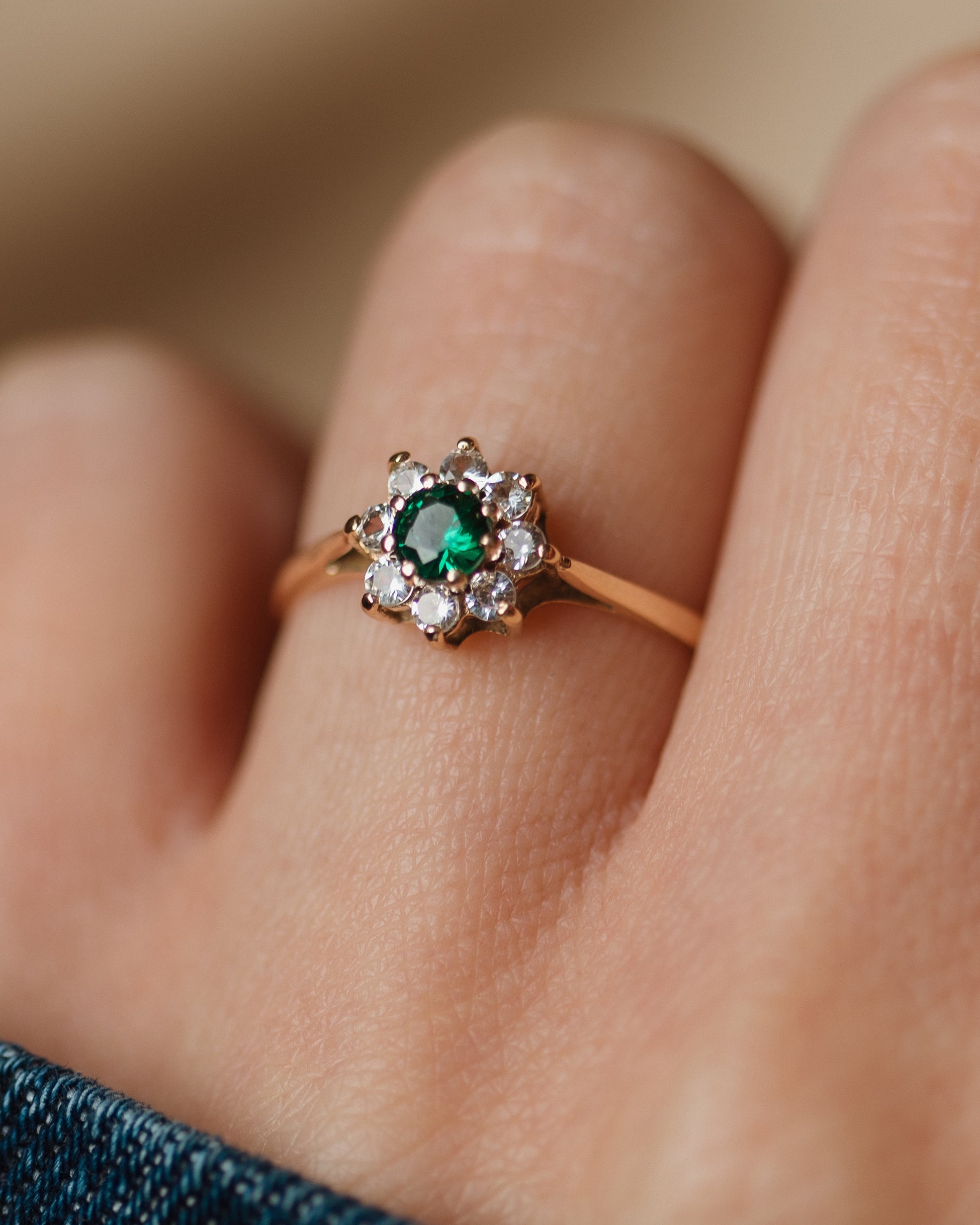 Lily 1977 Vintage 9ct Gold Tsavorite & CZ Cluster Ring