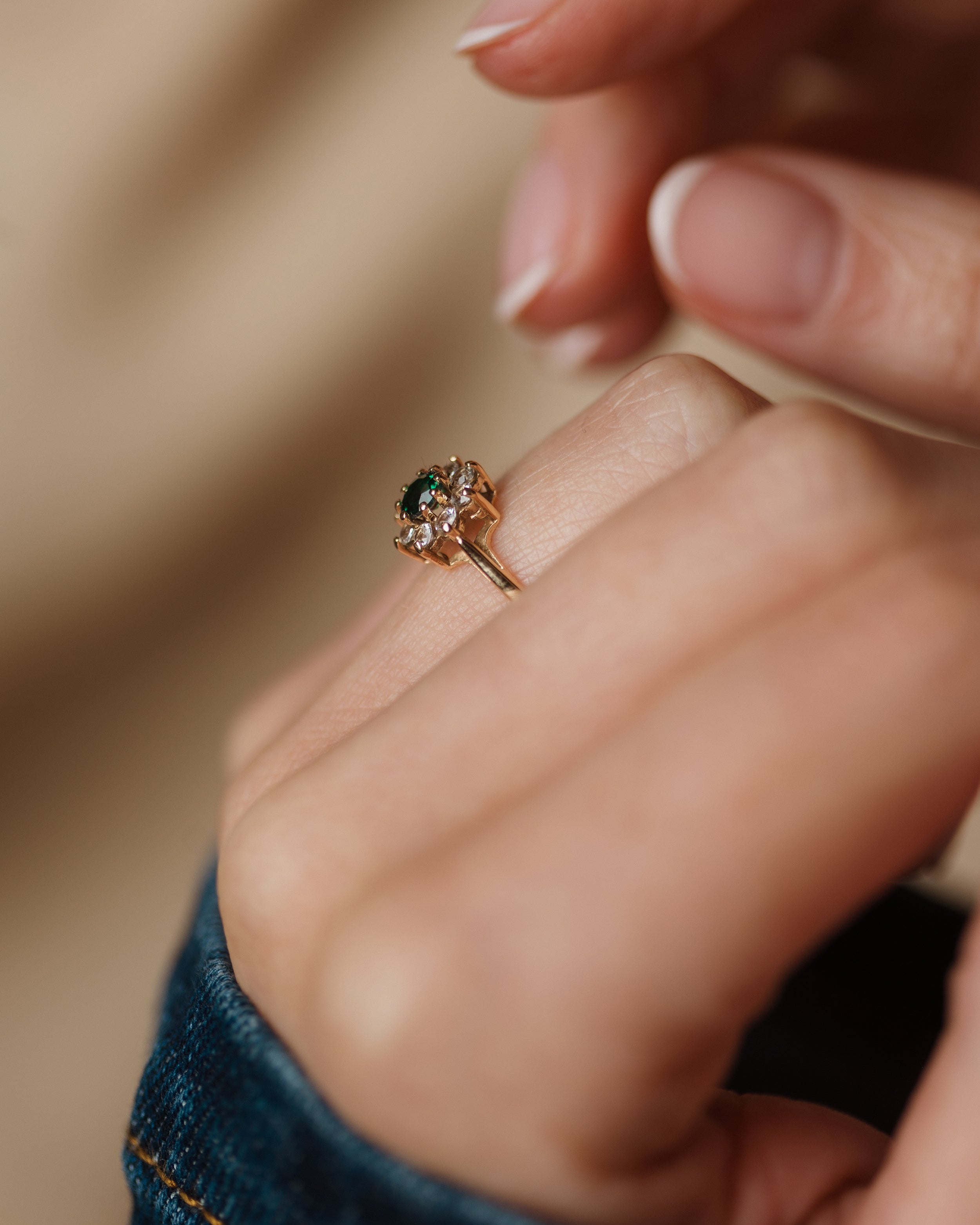 Lily 1977 Vintage 9ct Gold Tsavorite & CZ Cluster Ring