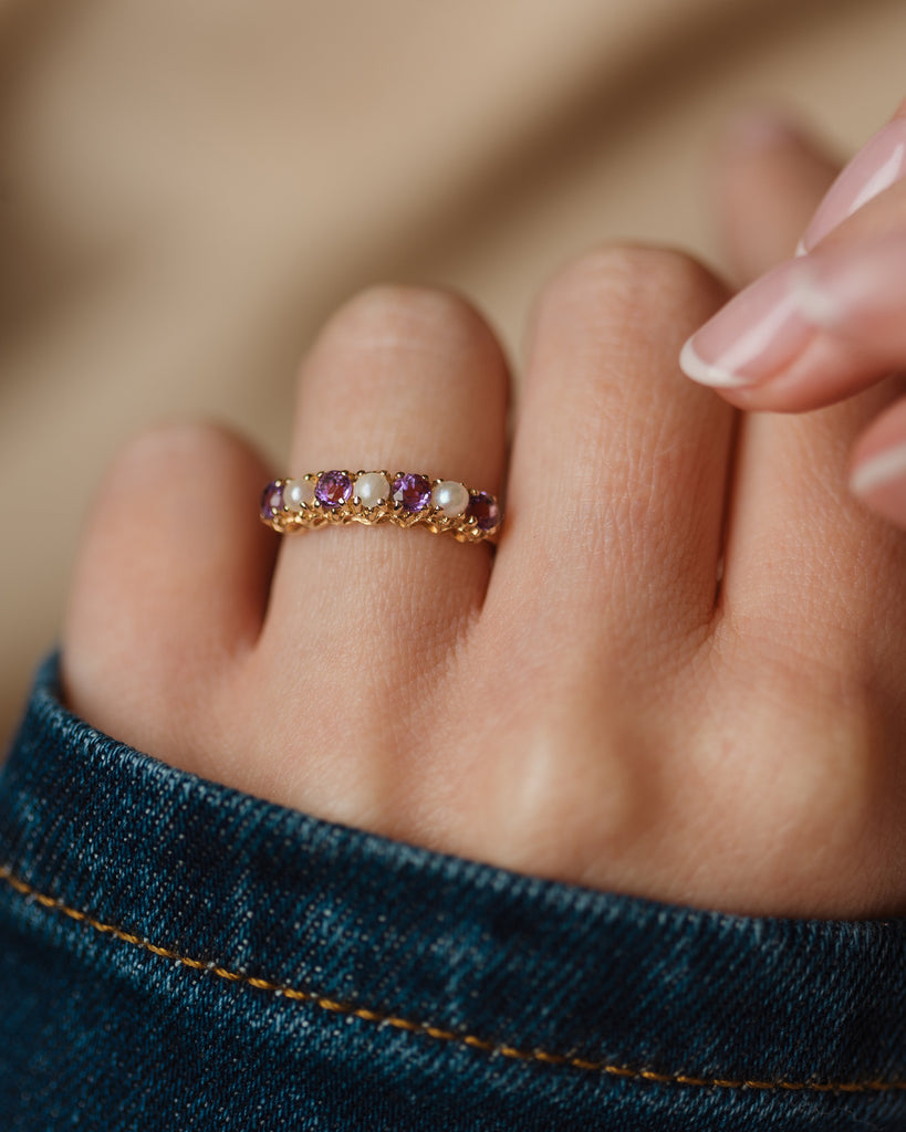 Agnese 1991 Vintage 9ct Gold Amethyst & Pearl Half Eternity Ring
