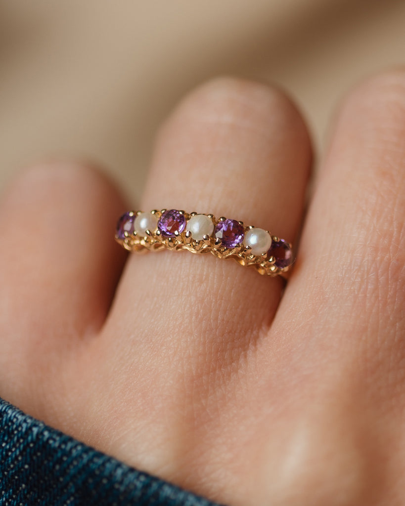 Agnese 1991 Vintage 9ct Gold Amethyst & Pearl Half Eternity Ring