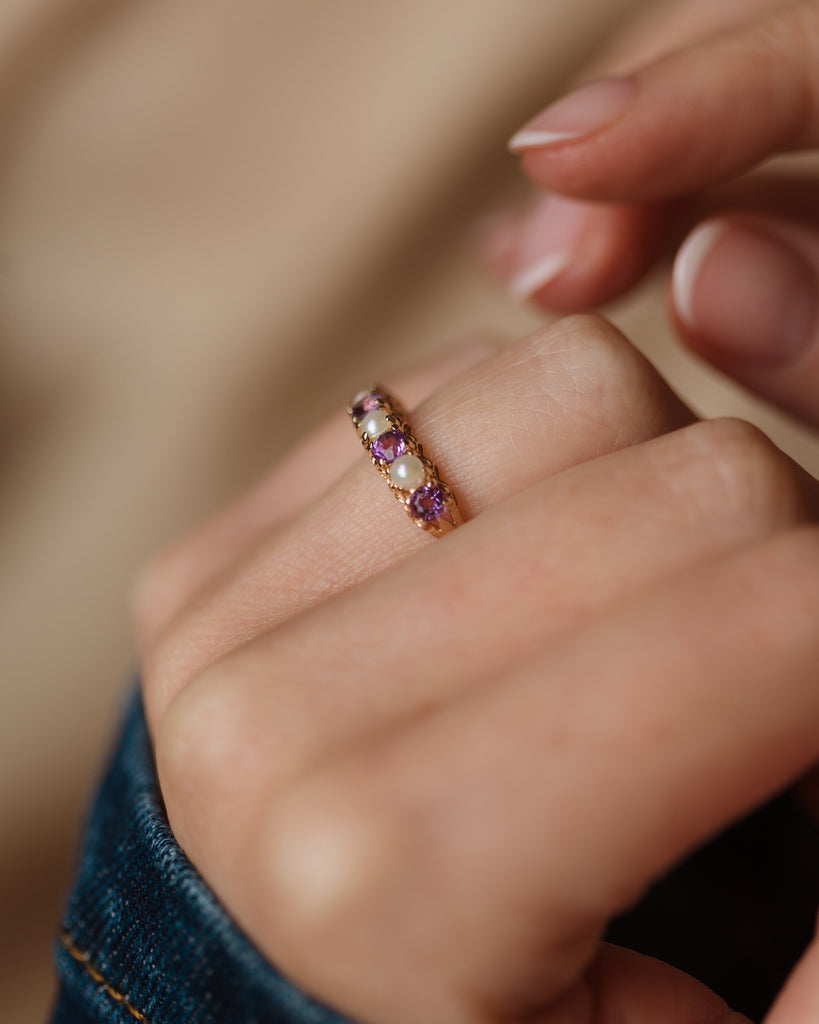 Agnese 1991 Vintage 9ct Gold Amethyst & Pearl Half Eternity Ring
