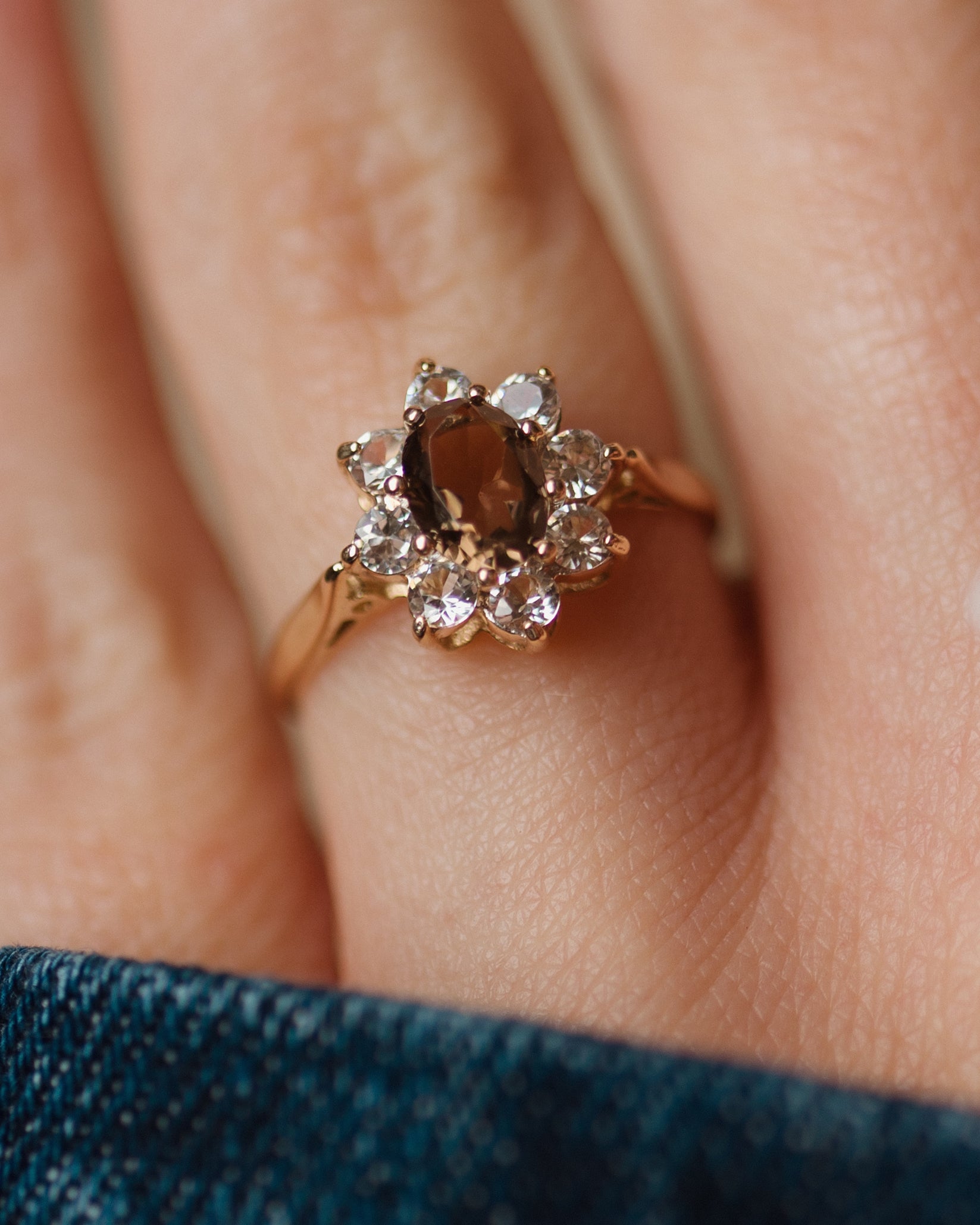 Alma 1976 Vintage 9ct Gold Smoky Quartz & CZ Cluster Ring