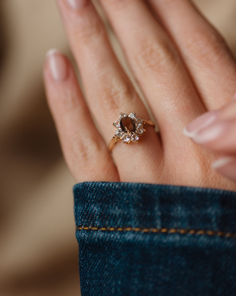 Alma 1976 Vintage 9ct Gold Smoky Quartz & CZ Cluster Ring