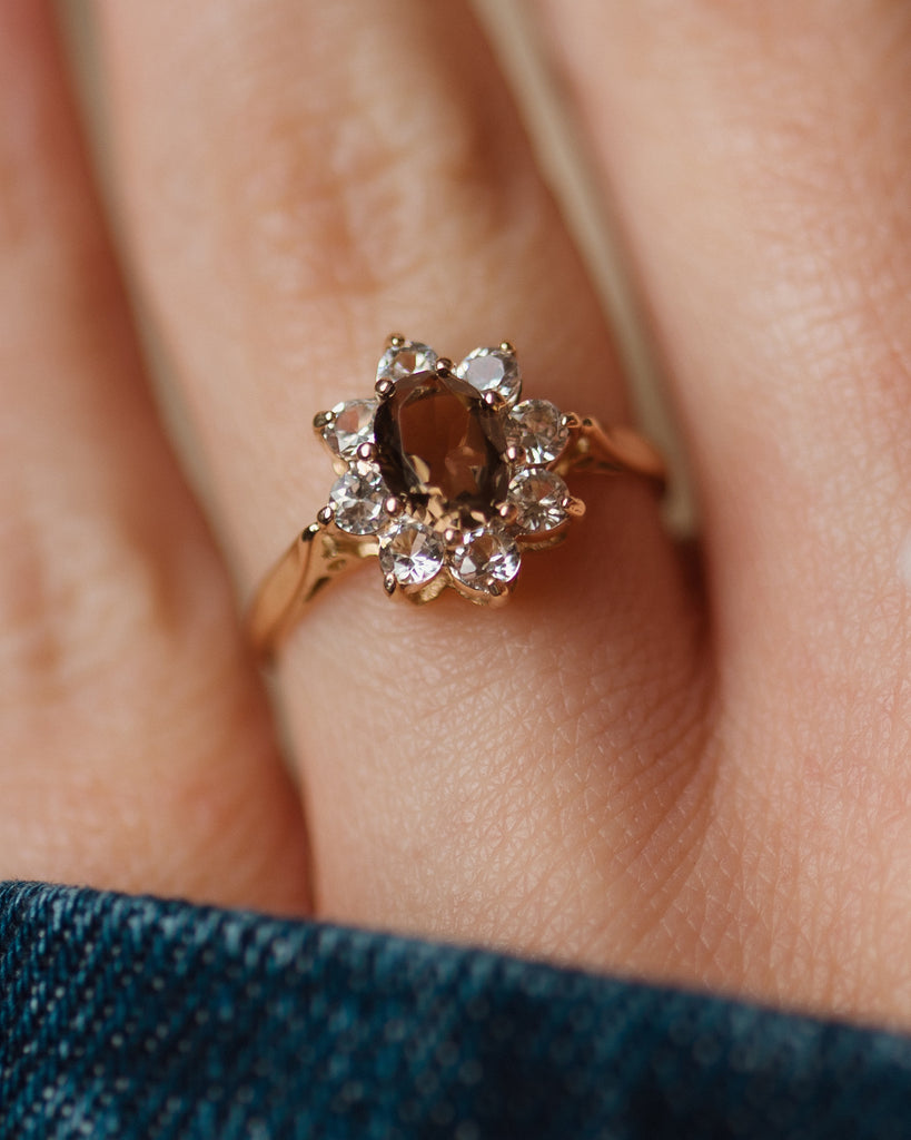 Alma 1976 Vintage 9ct Gold Smoky Quartz & CZ Cluster Ring