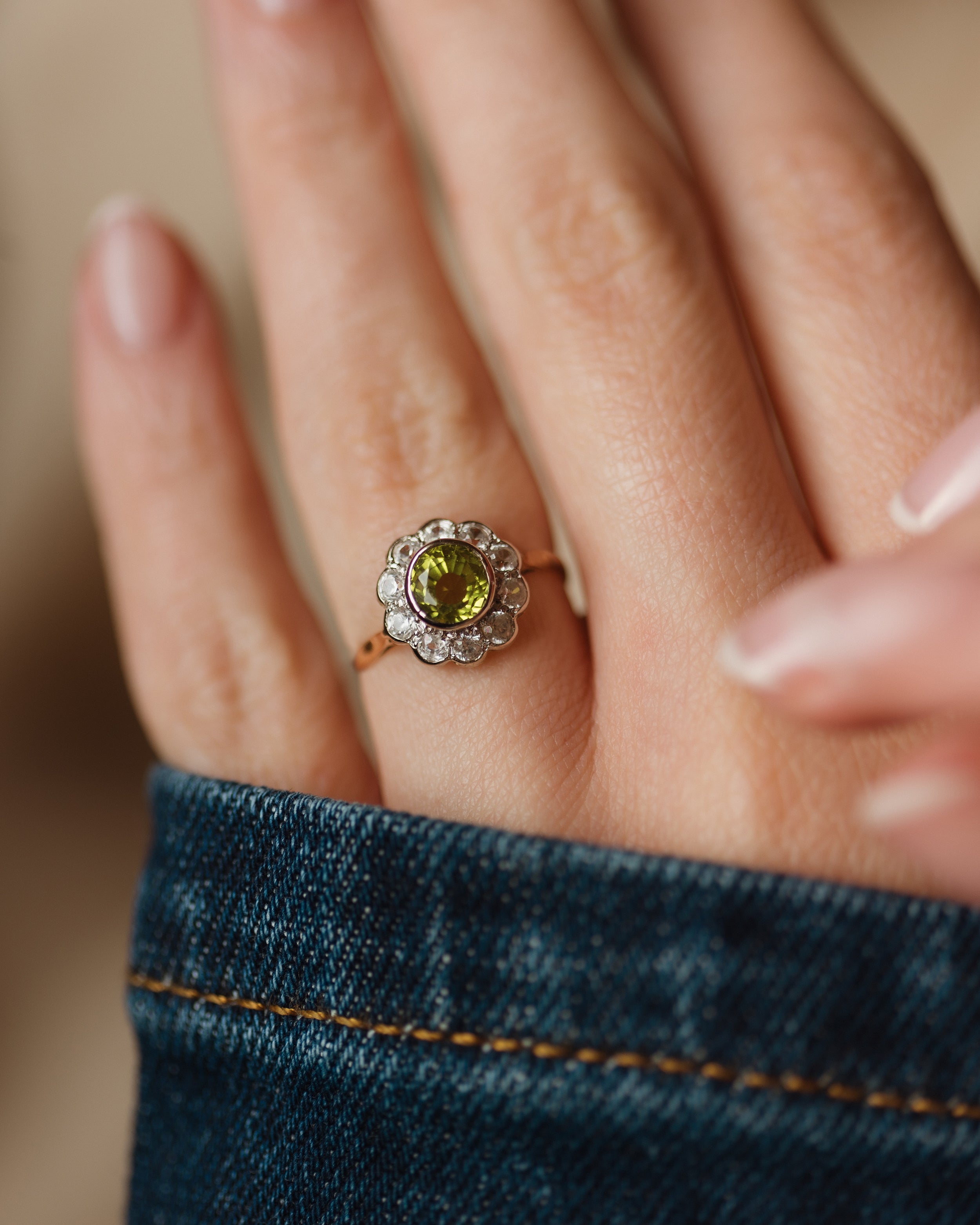 Lisette Antique 18ct Gold Peridot & White Sapphire Cluster Ring