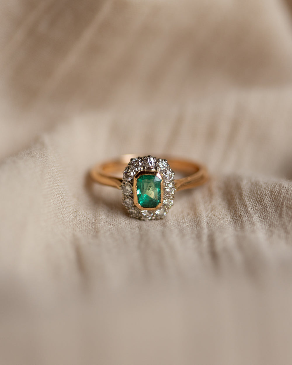 Annmarie Antique 22ct Gold Emerald & Diamond Cluster Ring