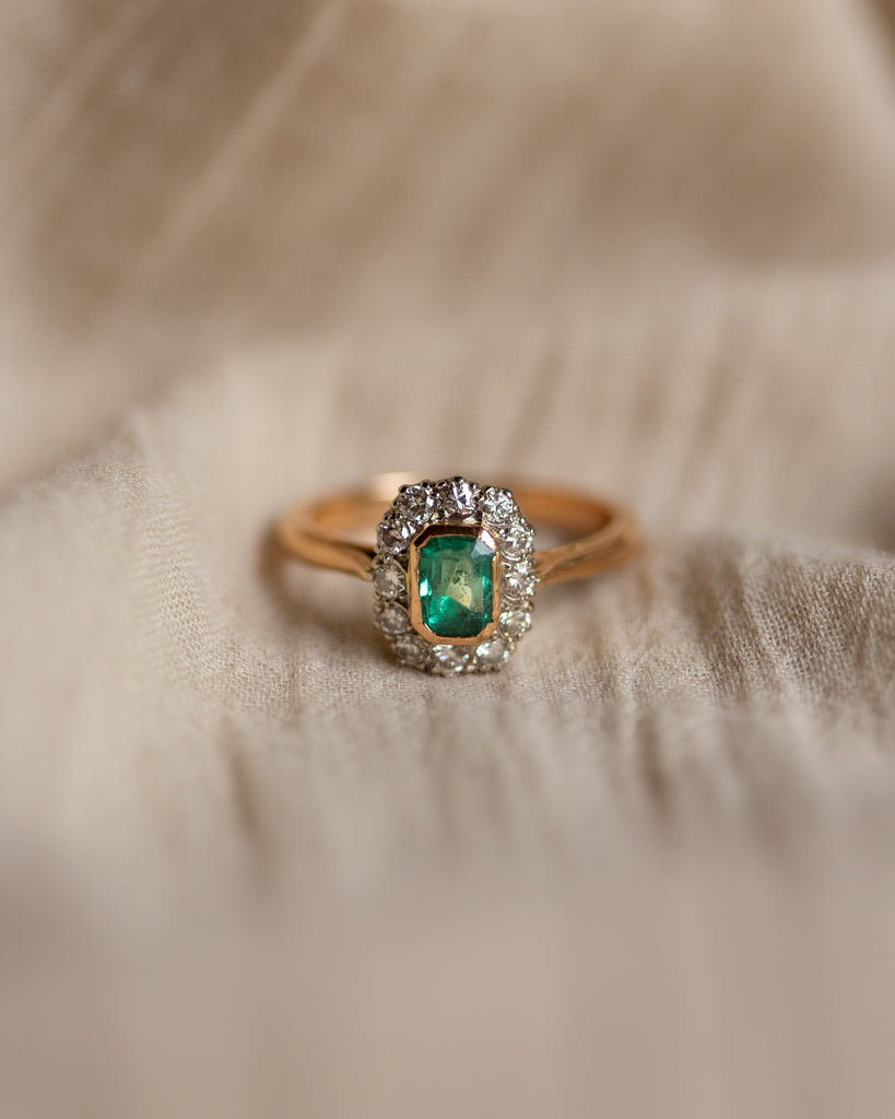 Annmarie Antique 22ct Gold Emerald & Diamond Cluster Ring