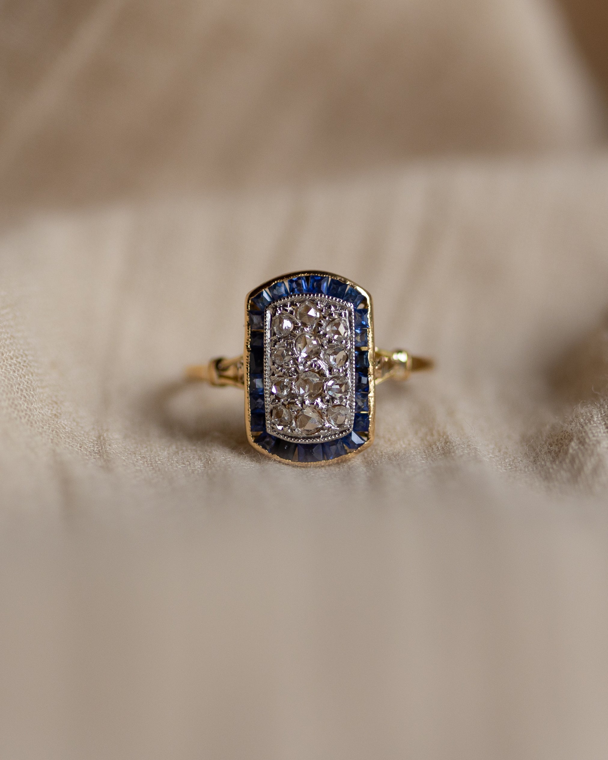 Geneviève Antique Art Deco 18ct Gold Diamond & Sapphire Panel Ring