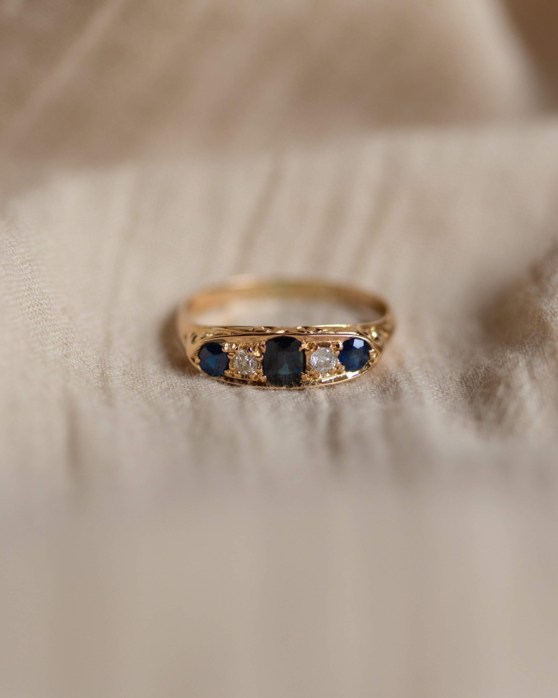 Nathalie 1916 Antique 18ct Gold Sapphire & Diamond Five Stone Ring