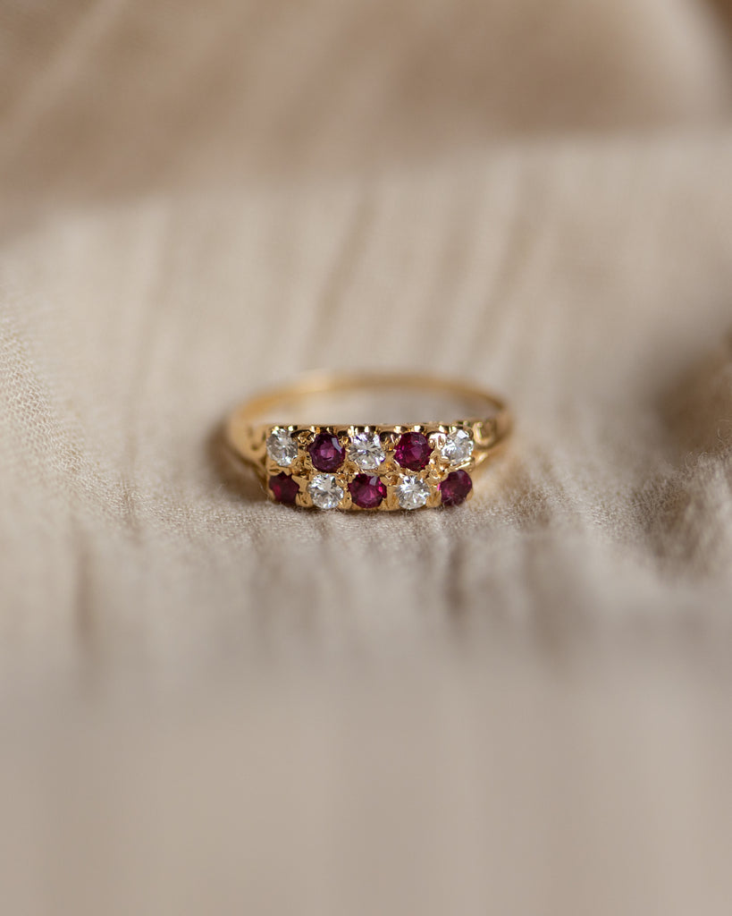 Alise Vintage 18ct Gold Ruby & Diamond Ten Stone Ring