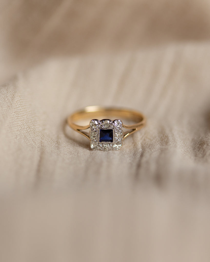 René 1975 Vintage 18ct Gold Sapphire & Diamond Cluster Ring