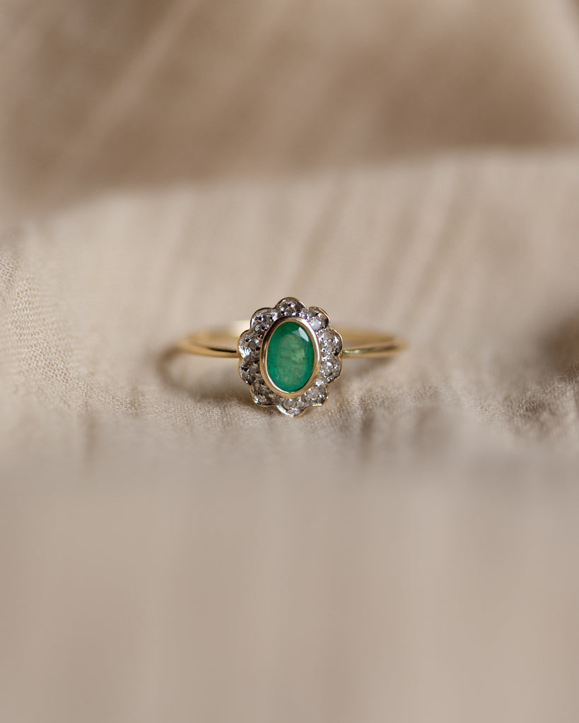 Doris Vintage 9ct Gold Emerald & Diamond Cluster Ring