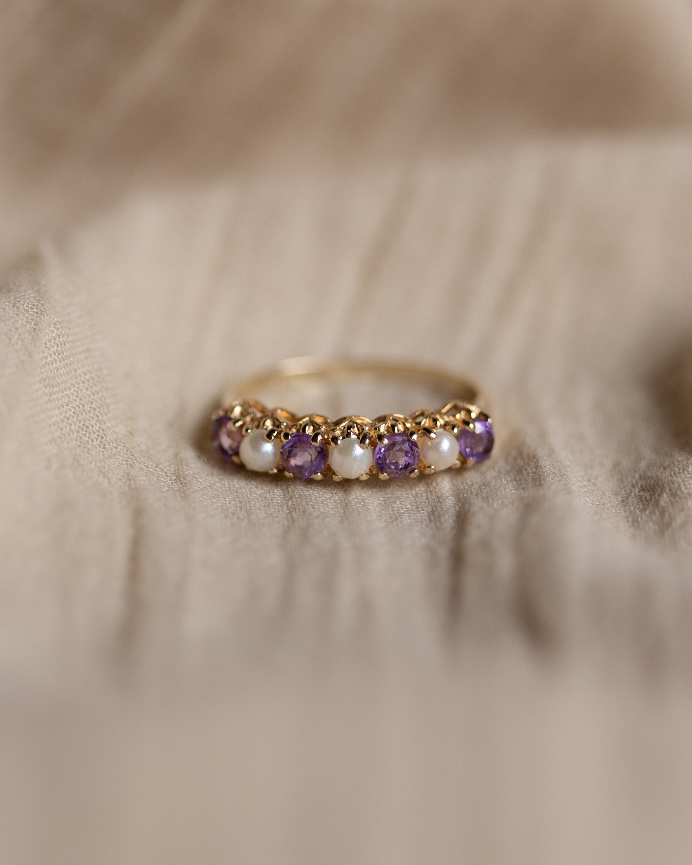 Image of Agnese 1991 Vintage 9ct Gold Amethyst & Pearl Half Eternity Ring