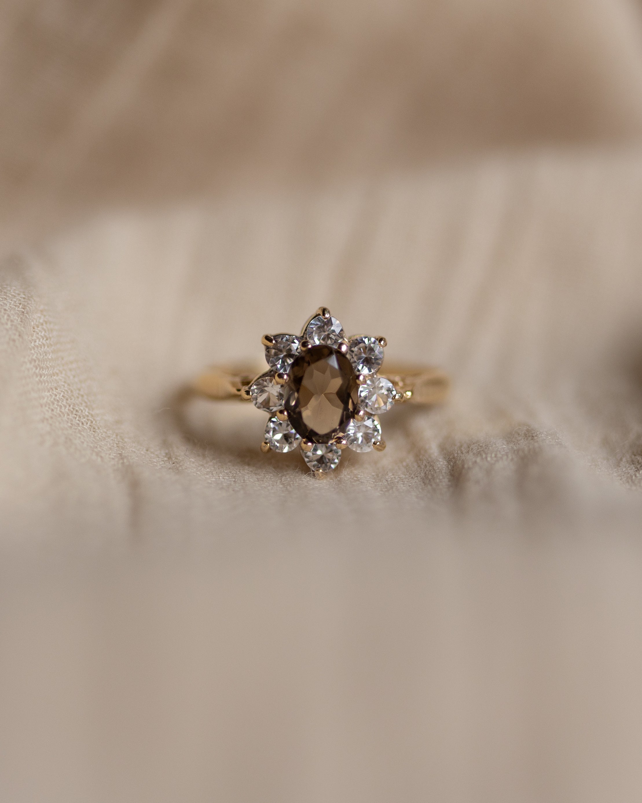 Alma 1976 Vintage 9ct Gold Smoky Quartz & CZ Cluster Ring