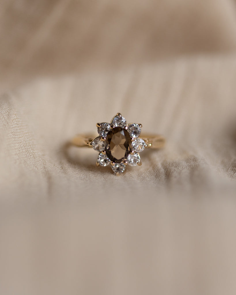 Alma 1976 Vintage 9ct Gold Smoky Quartz & CZ Cluster Ring
