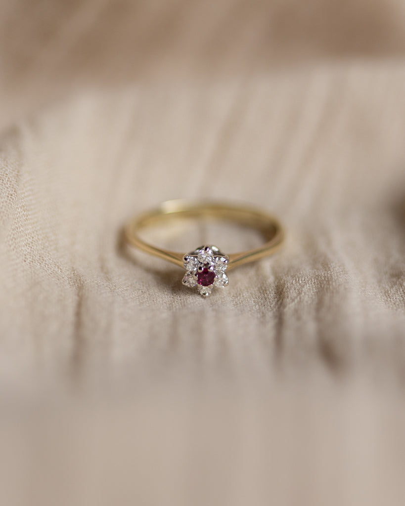 Julia 1983 Vintage 9ct Gold Ruby & Diamond Cluster Ring