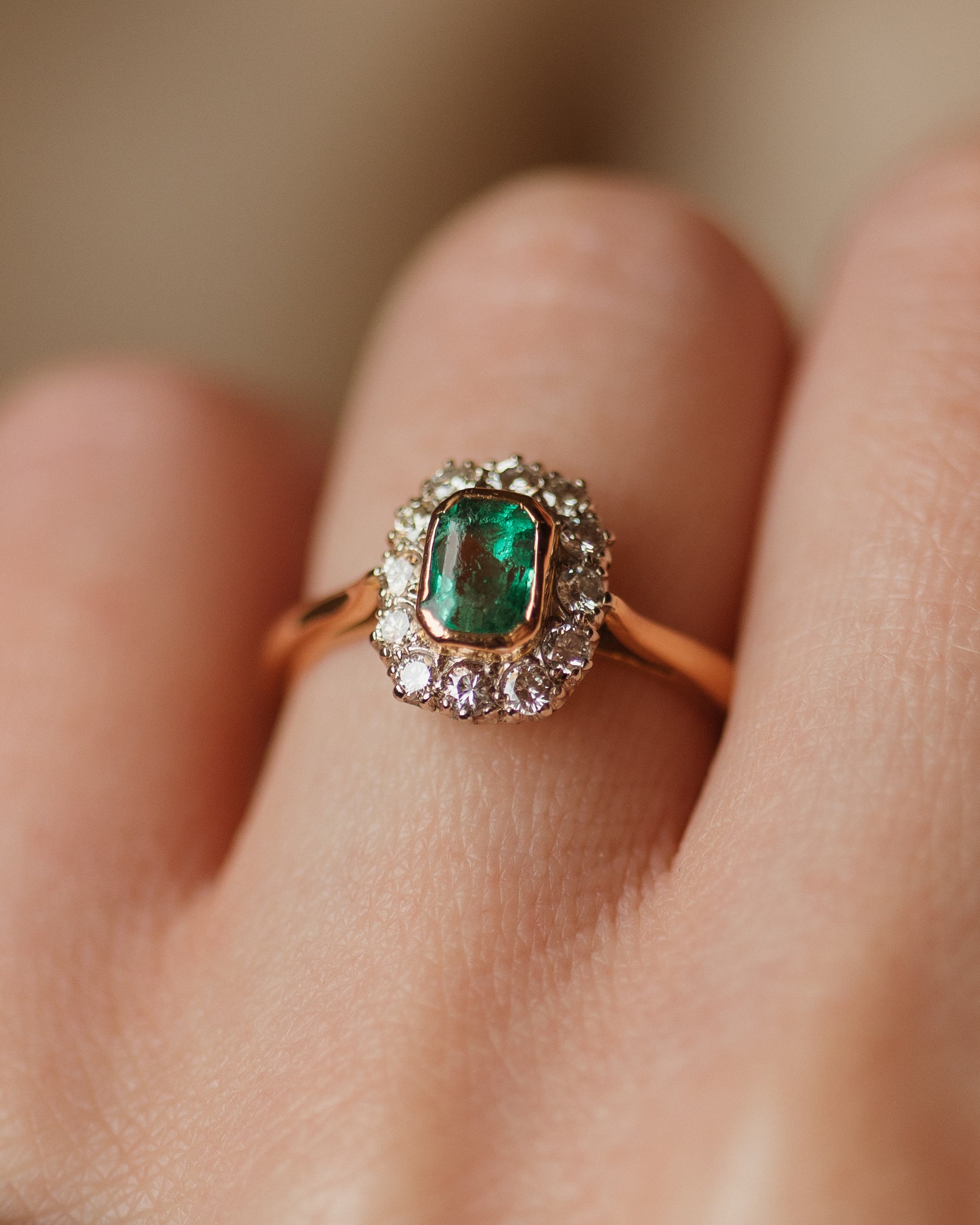 Annmarie Antique 22ct Gold Emerald & Diamond Cluster Ring