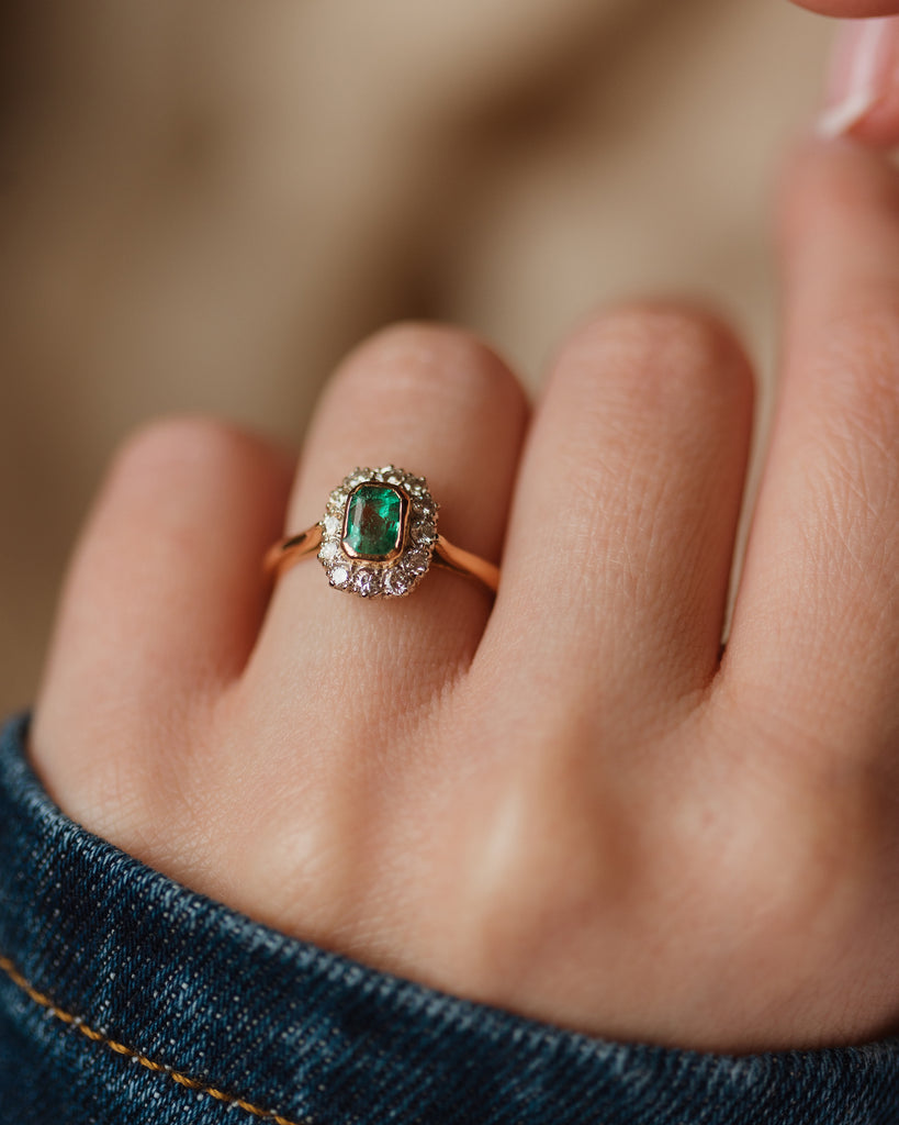 Annmarie Antique 22ct Gold Emerald & Diamond Cluster Ring